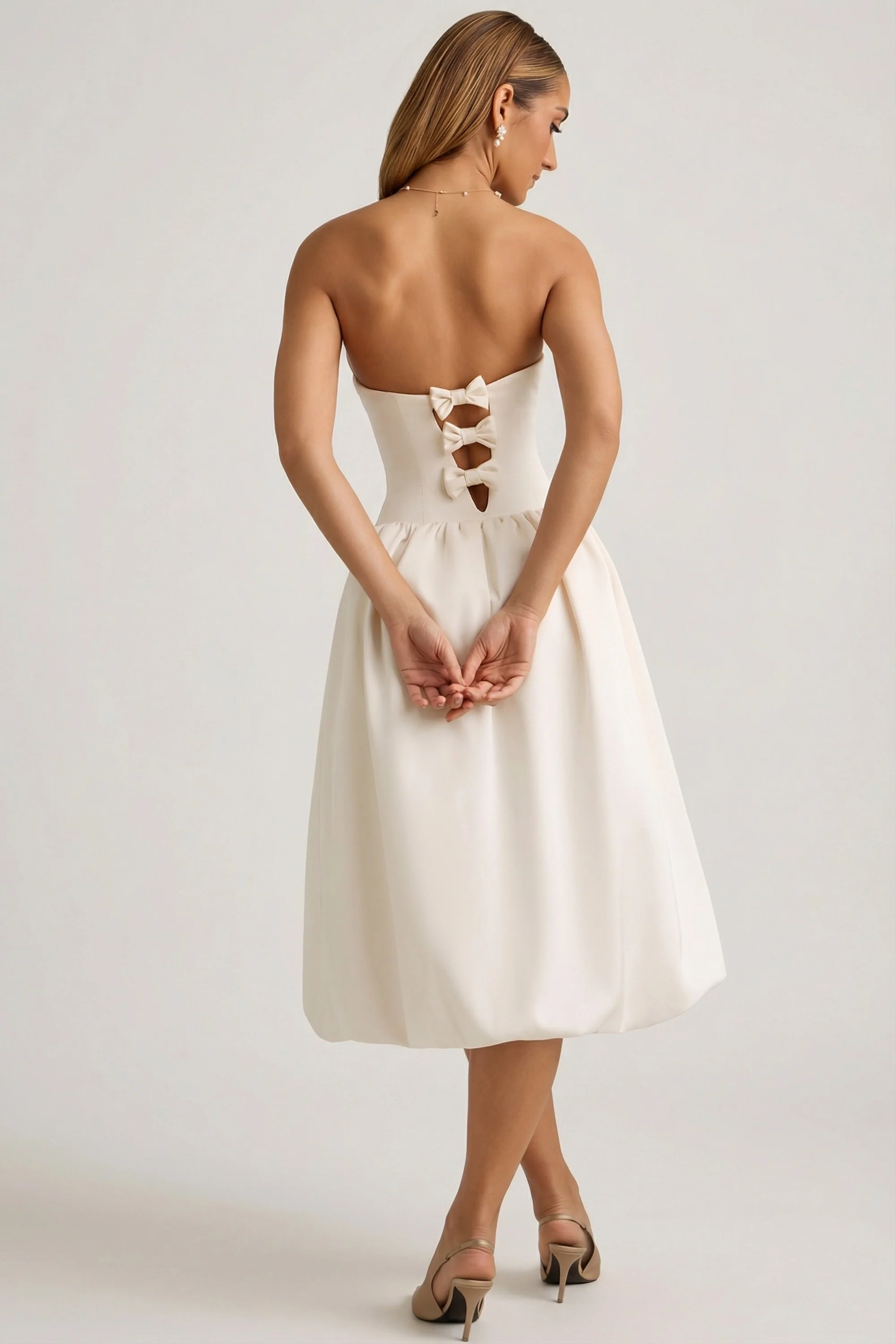 Convertible Bow-Detail Bubble Hem Midaxi Dress in Ivory - Image 6