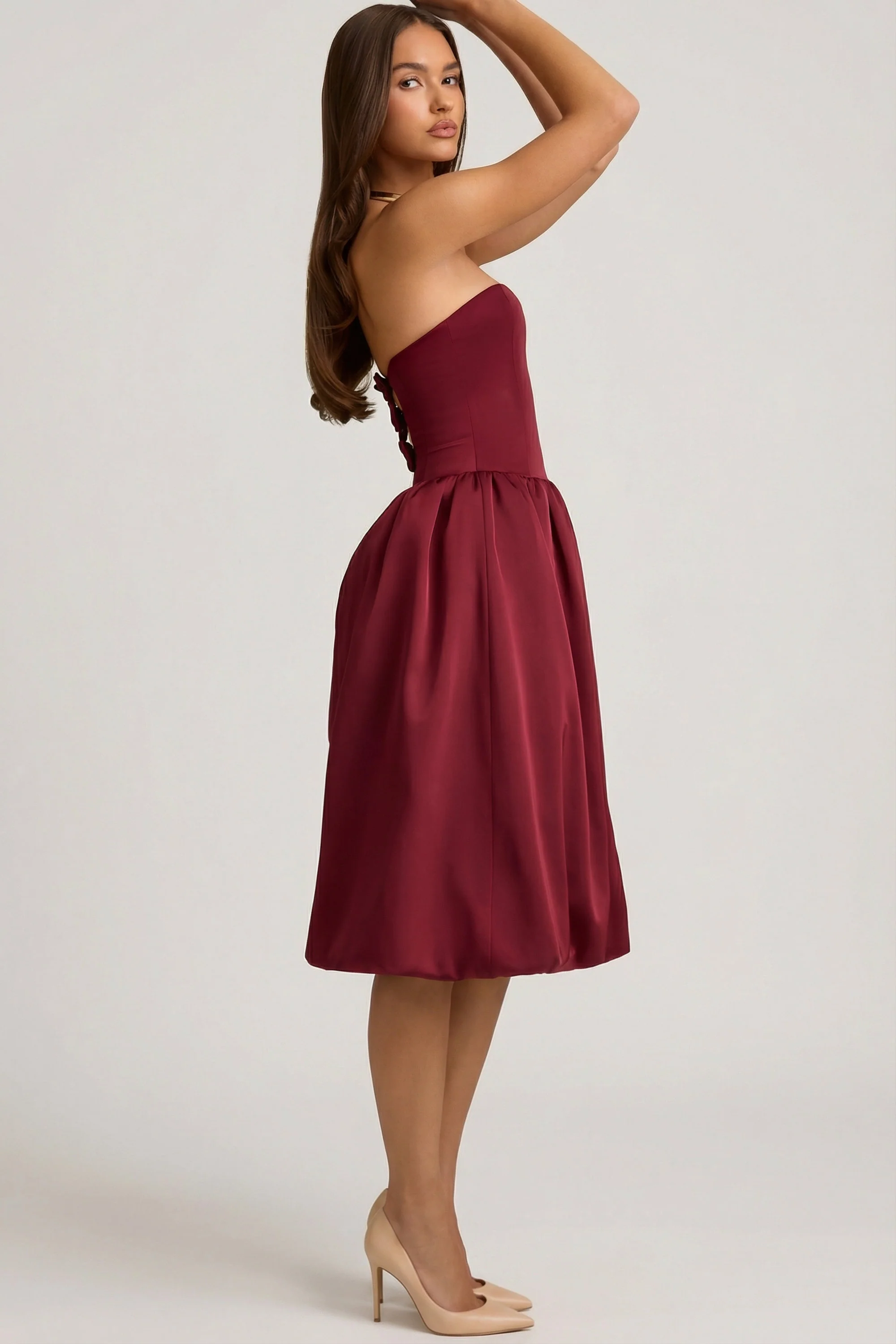 Convertible Bow-Detail Bubble Hem Midaxi Dress in Wine Red - Image 11