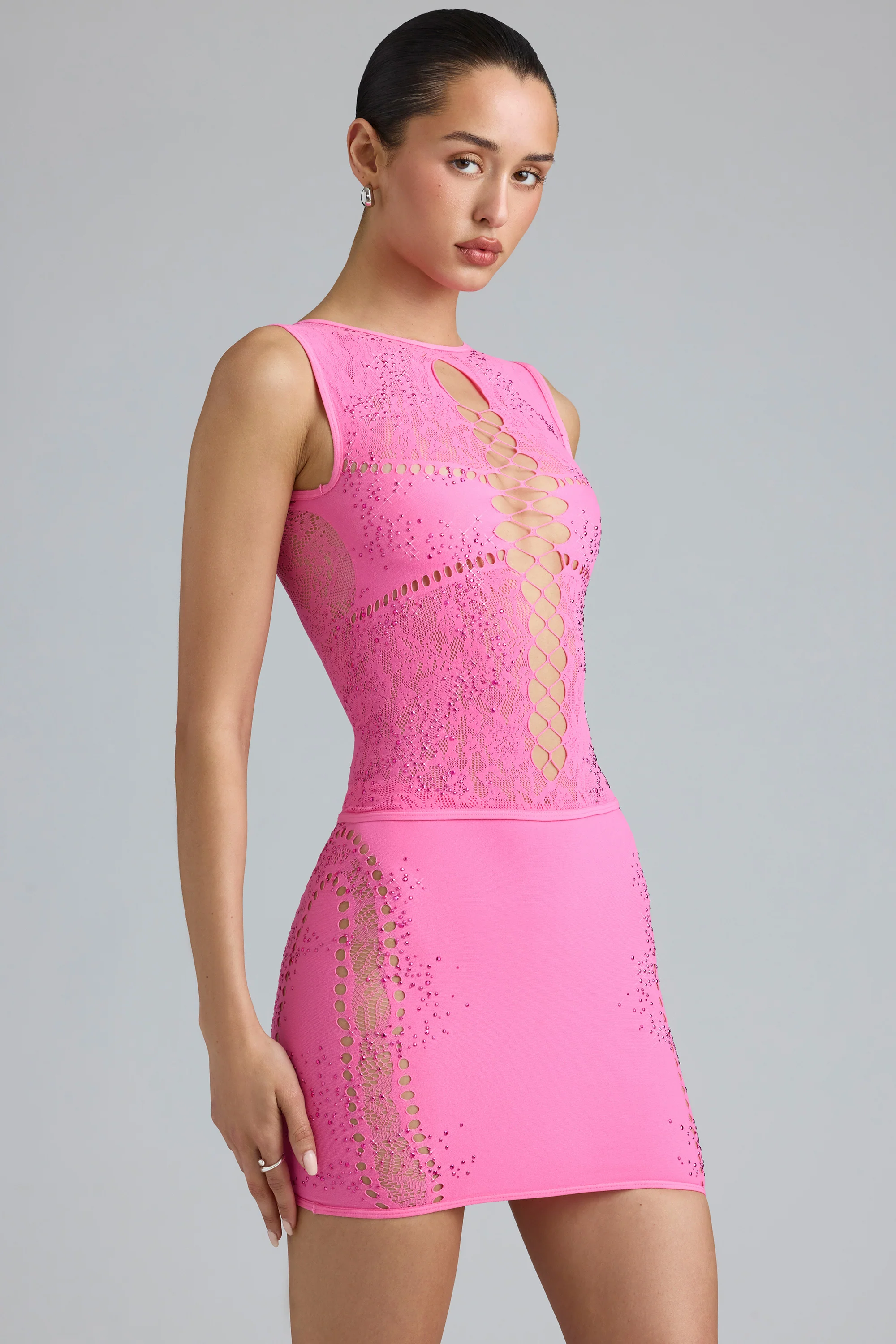 Embellished Lace-Up High-Neck Top in Bubblegum Pink - Image 10