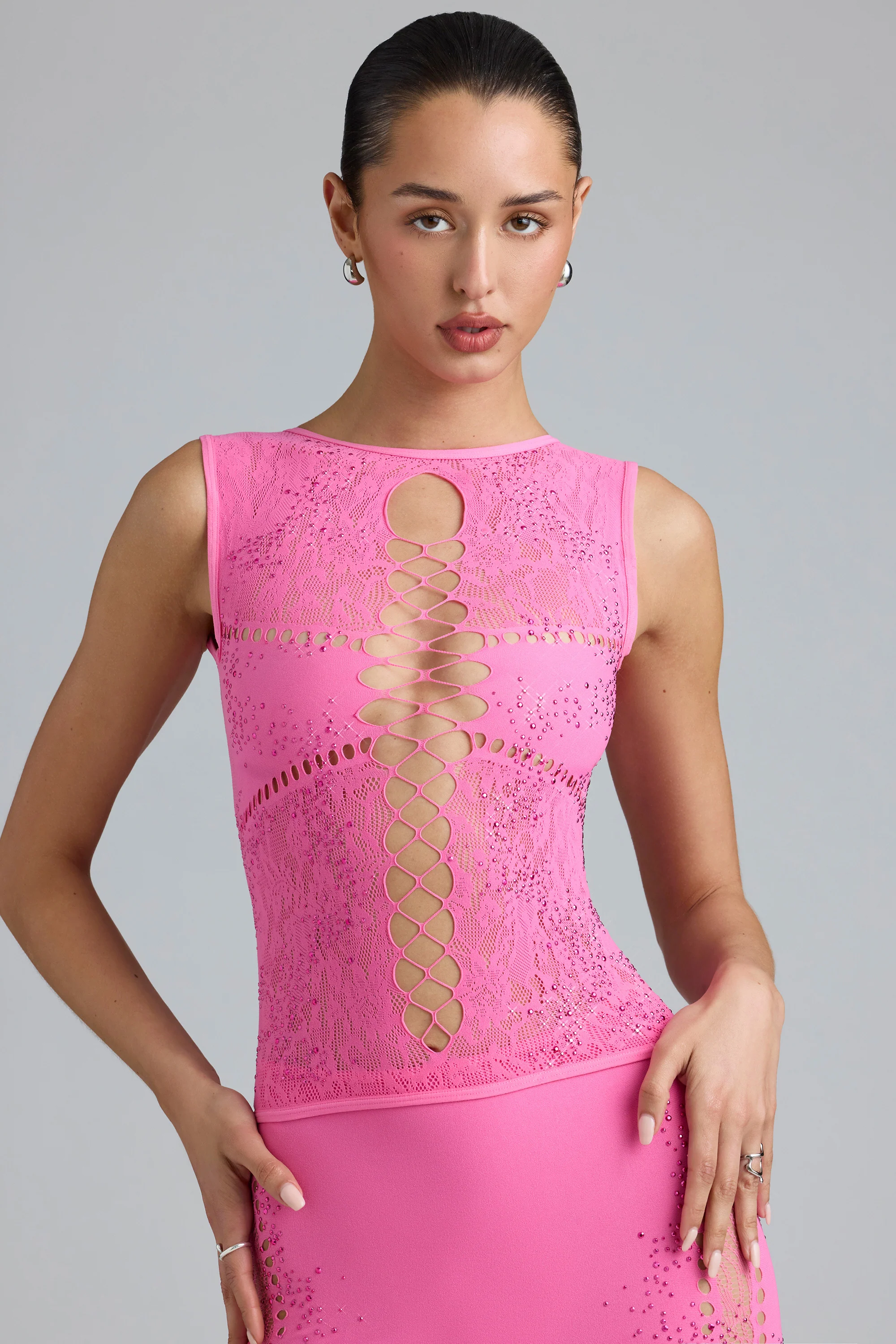 Embellished Lace-Up High-Neck Top in Bubblegum Pink - Image 11