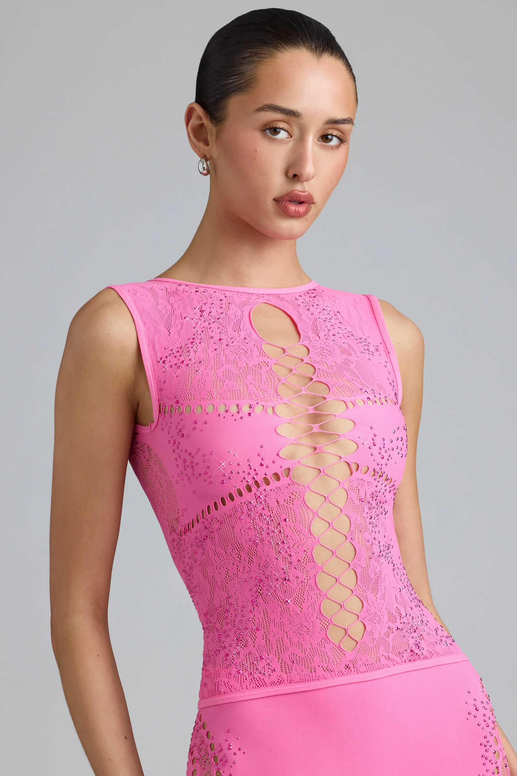 Embellished Lace-Up High-Neck Top in Bubblegum Pink - Image 6