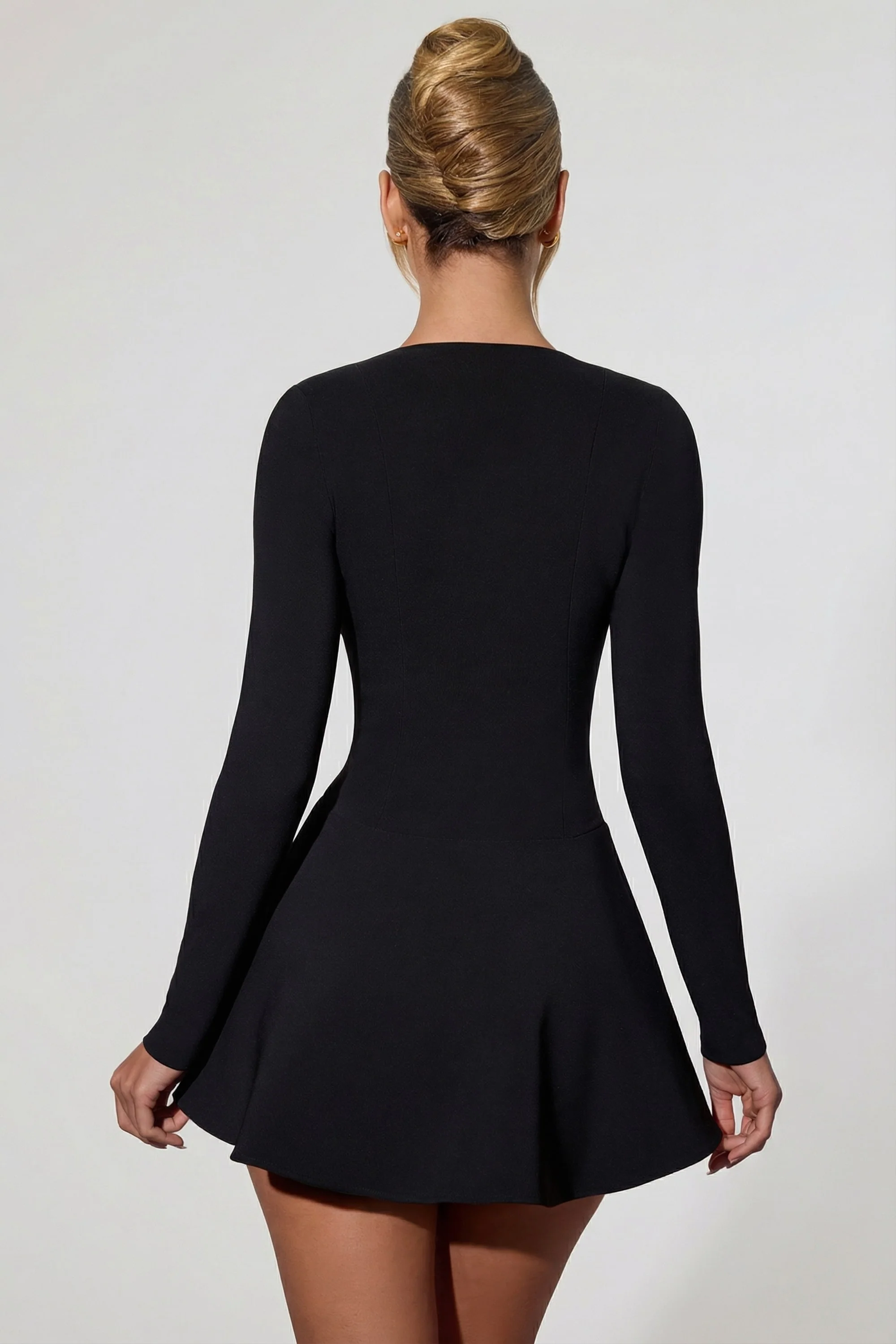 Bow-Detail Plunge-Neck A-Line Mini Dress in Black - Image 2