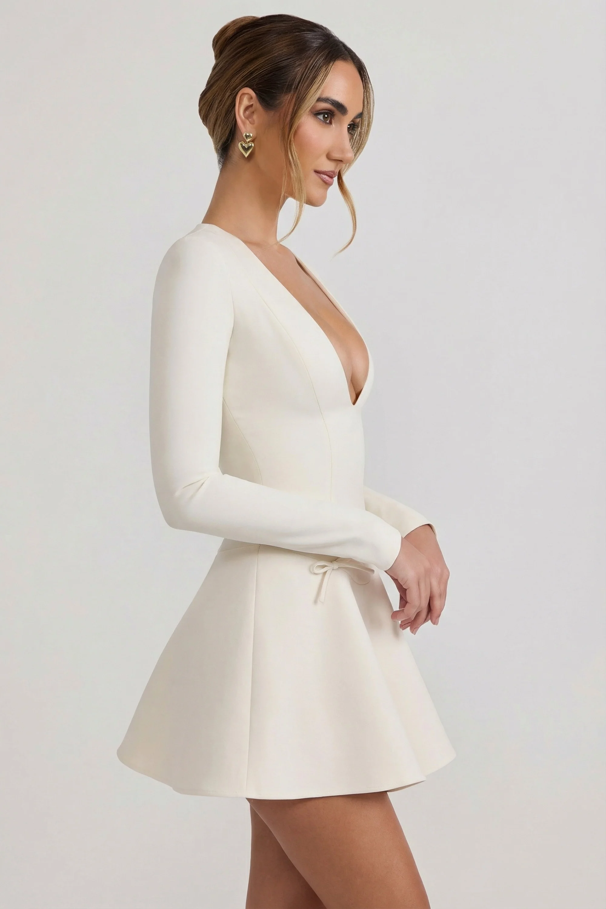 Bow-Detail Plunge-Neck A-Line Mini Dress in Ivory - Image 3