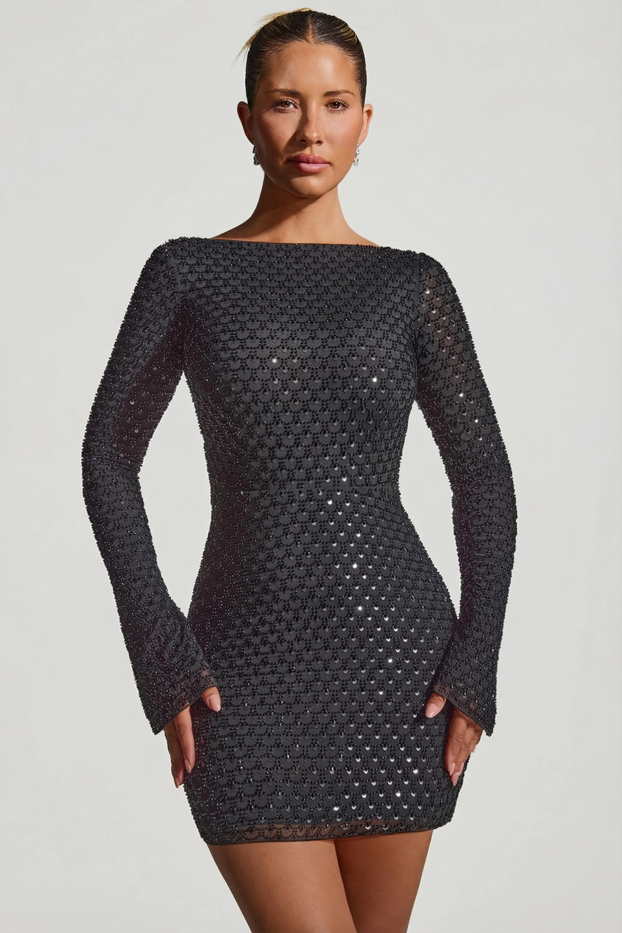 Embellished Open-Back A-Line Mini Dress in Black - Image 6
