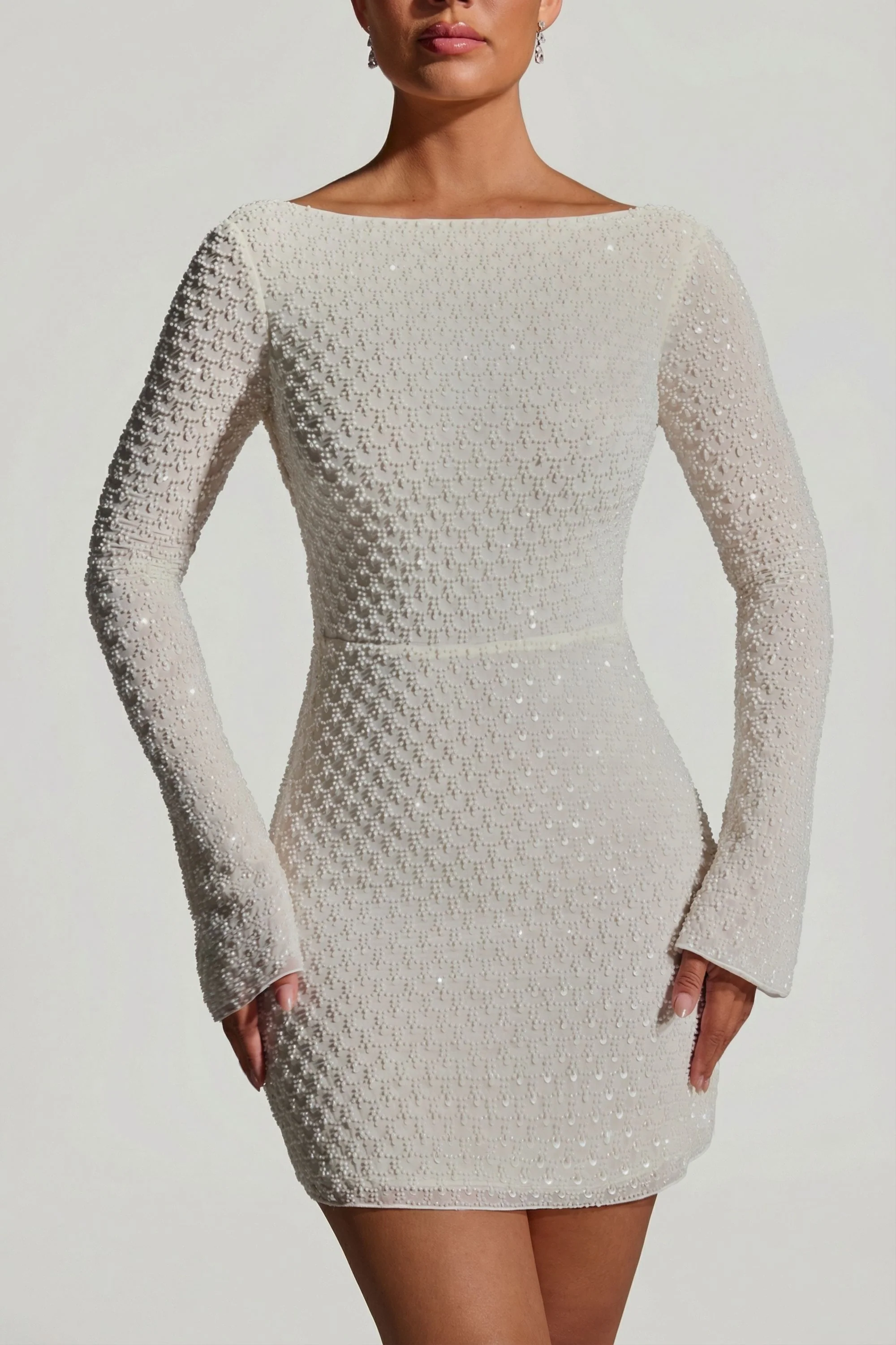 Embellished Open-Back A-Line Mini Dress in White - Image 3