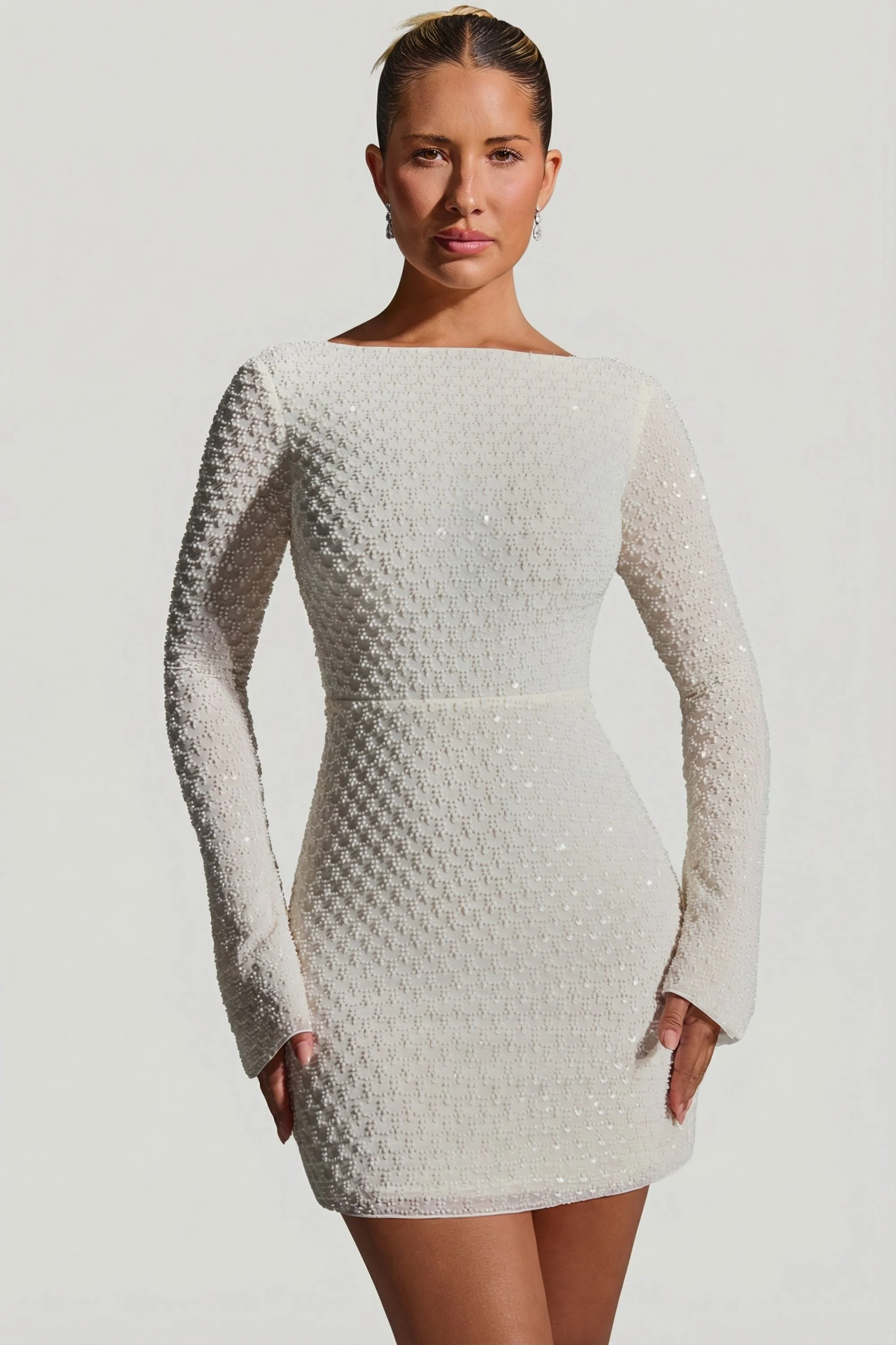Embellished Open-Back A-Line Mini Dress in White - Image 5