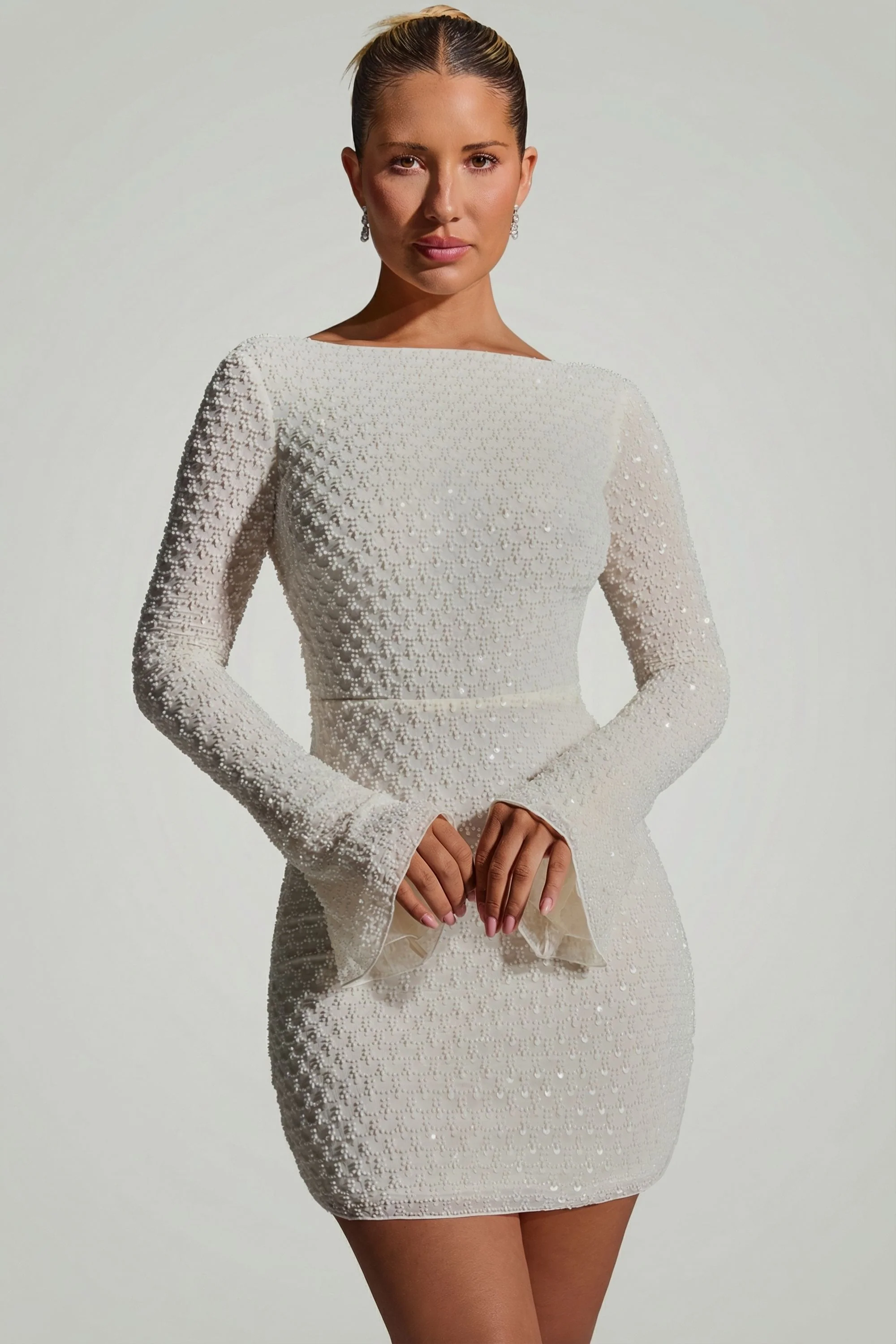 Embellished Open-Back A-Line Mini Dress in White - Image 6