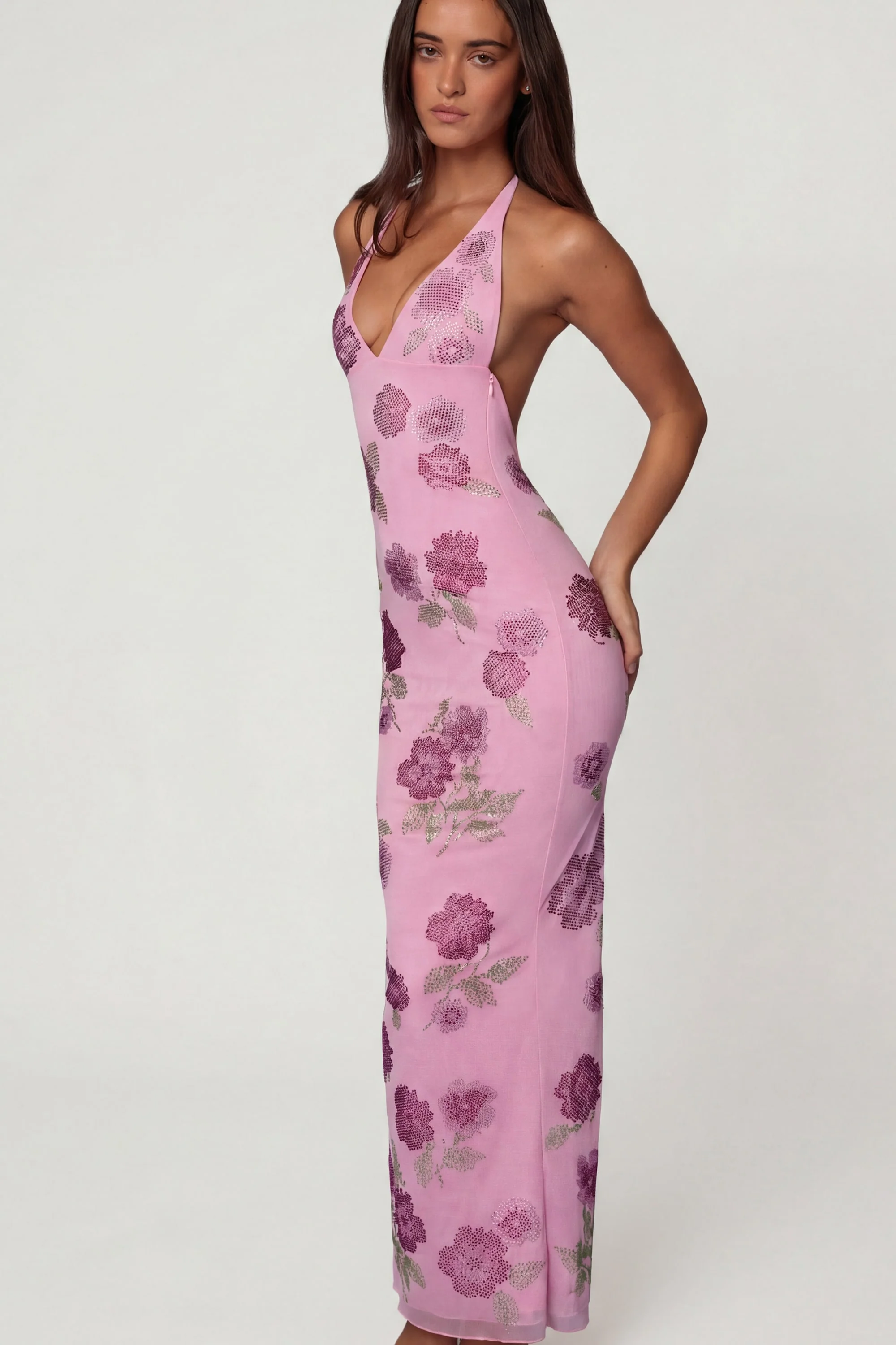 Embellished Halterneck Maxi Dress in Soft Pink - Image 5