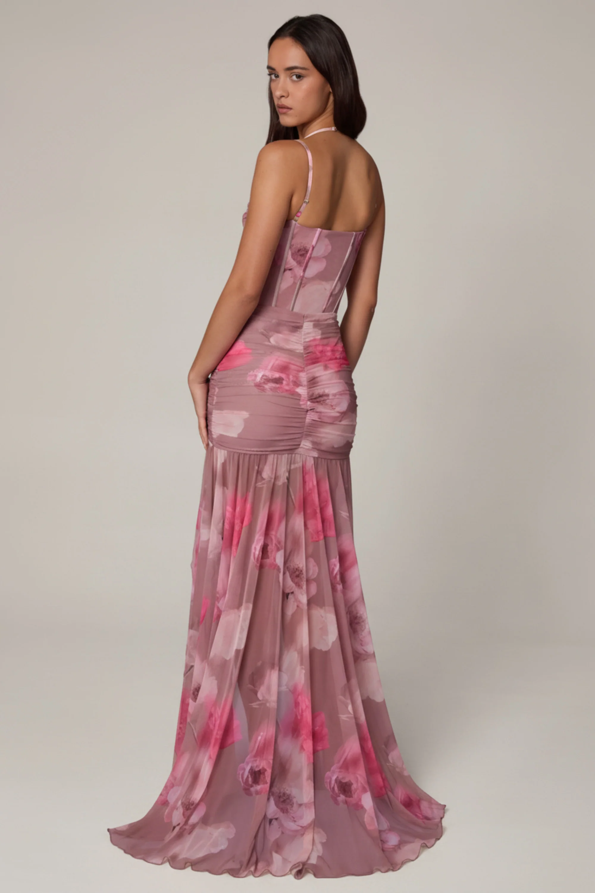 Ruched Asymmetric Corset Gown in Blurred Floral - Image 2