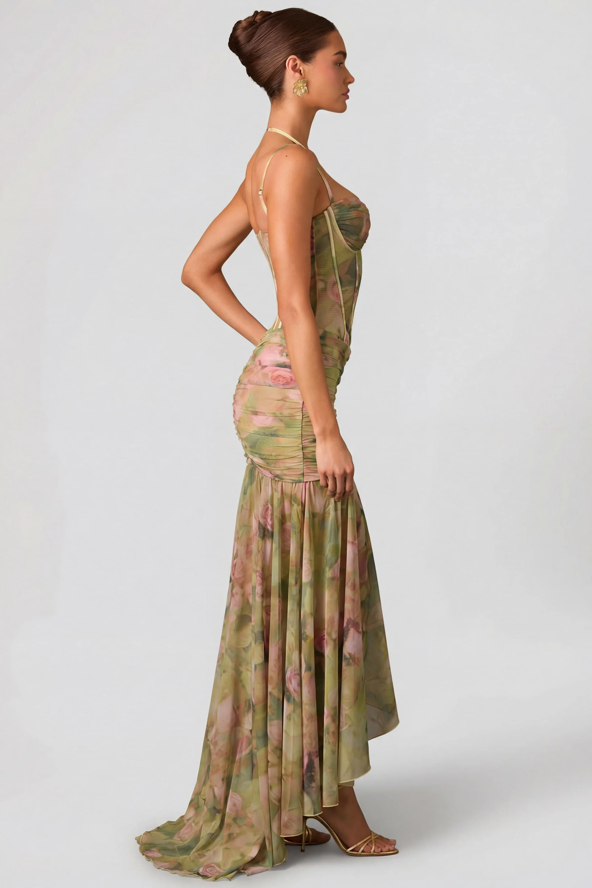 Ruched Asymmetric Corset Gown in Floral Multi Print - Image 3
