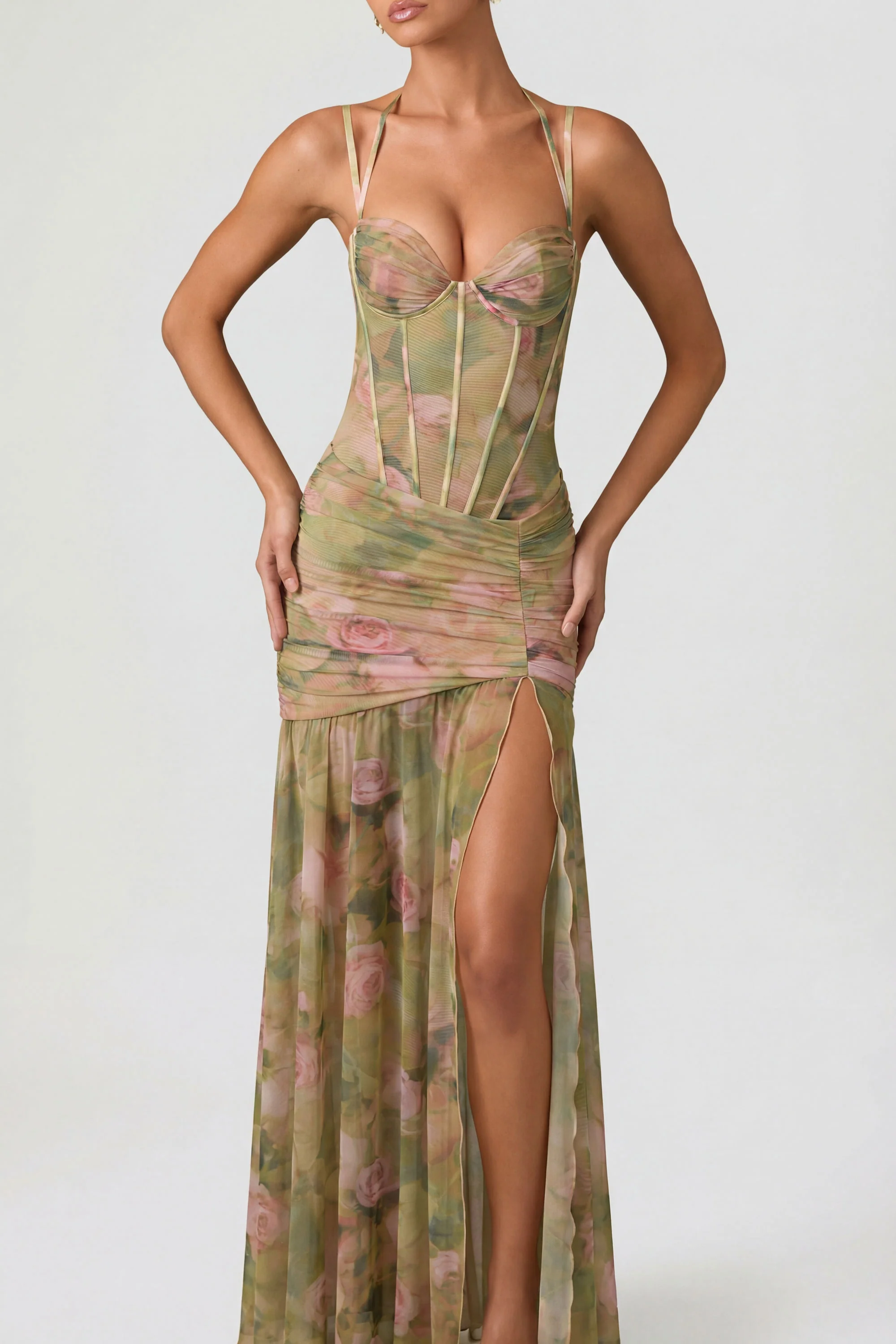 Ruched Asymmetric Corset Gown in Floral Multi Print - Image 4