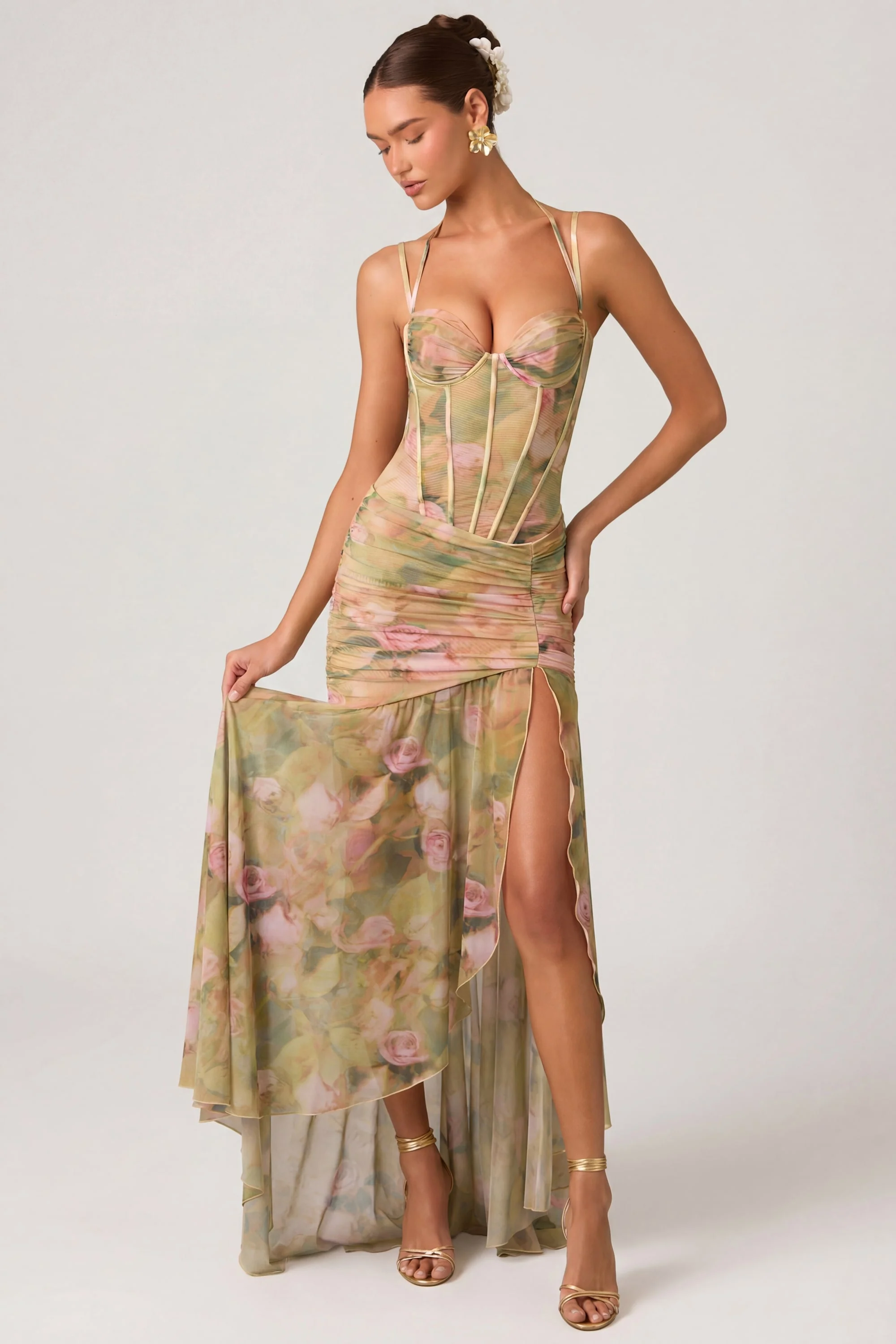 Ruched Asymmetric Corset Gown in Floral Multi Print - Image 6