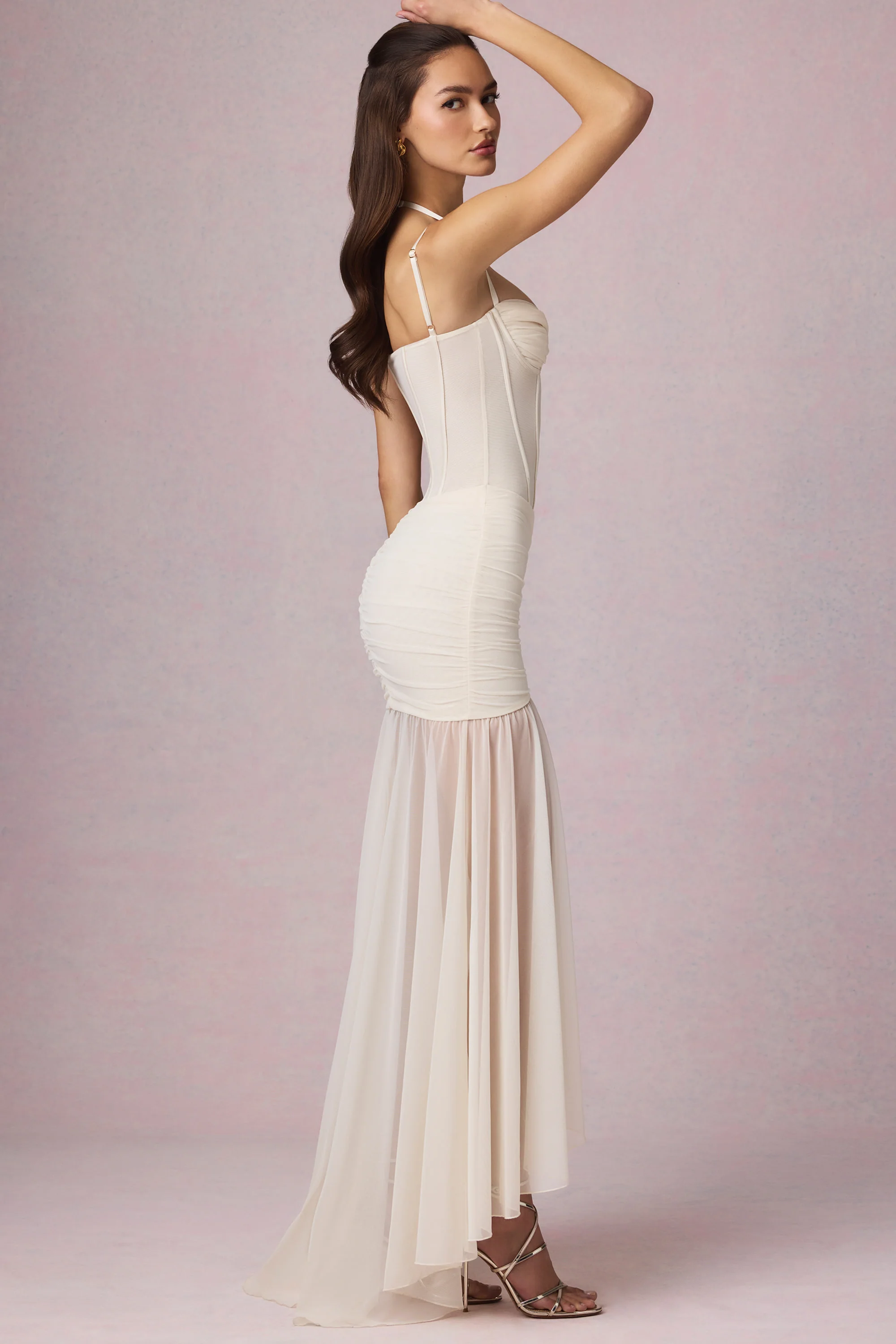 Ruched Asymmetric Corset Gown in Ivory - Image 3