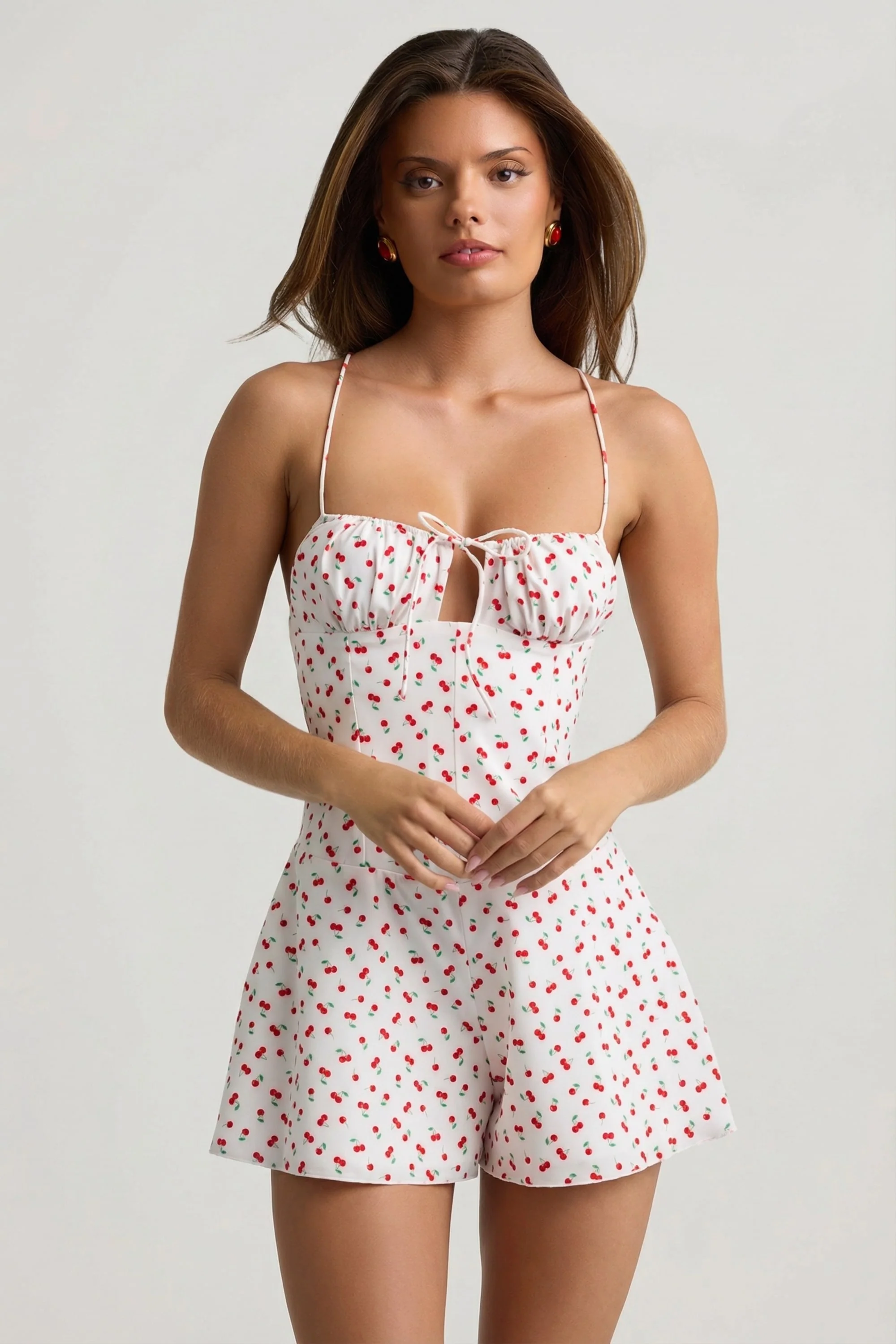 Ruched Backless Playsuit in Cherry Print - Image 6