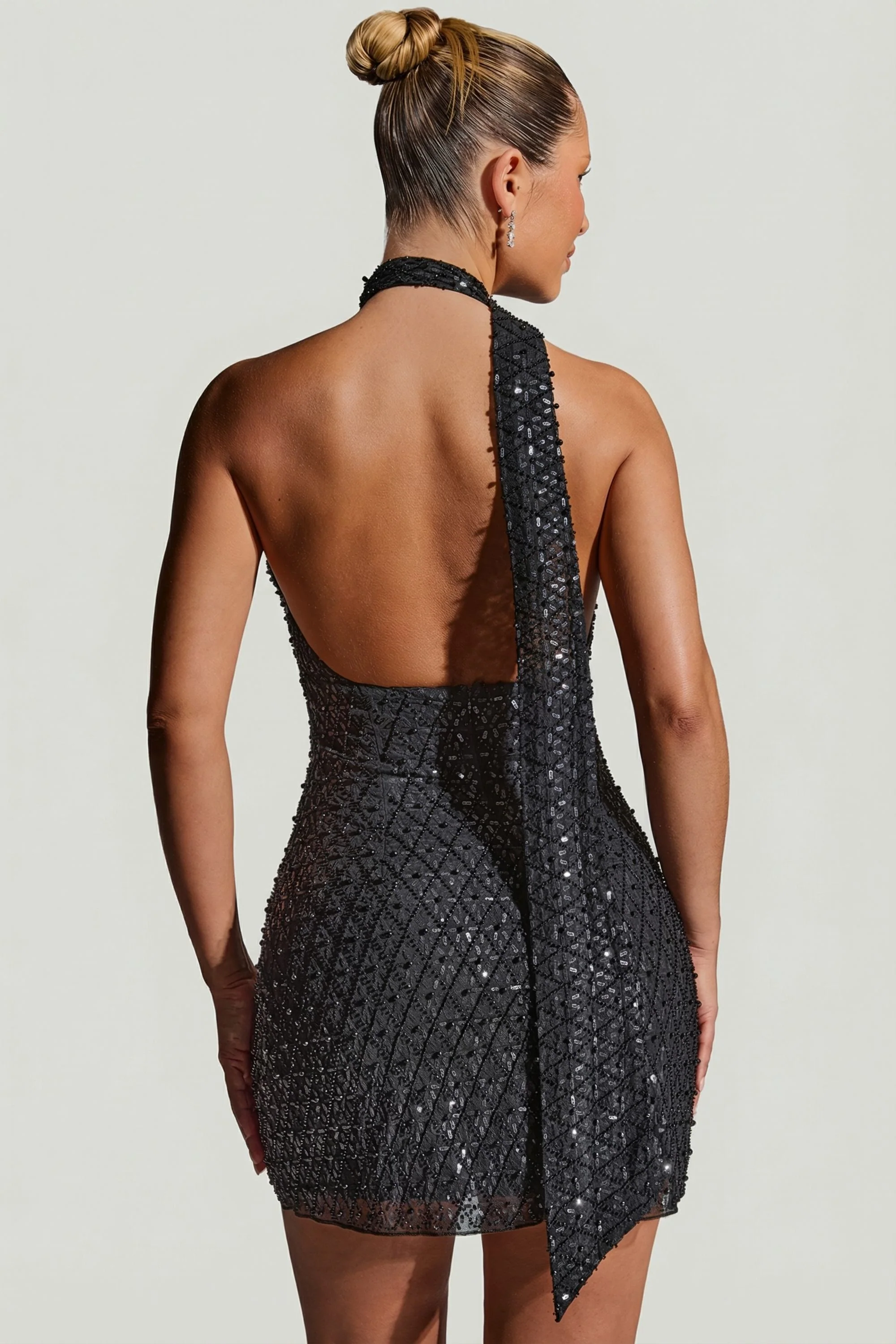 Embellished Scarf-Detail Halterneck Mini Dress in Black - Image 2