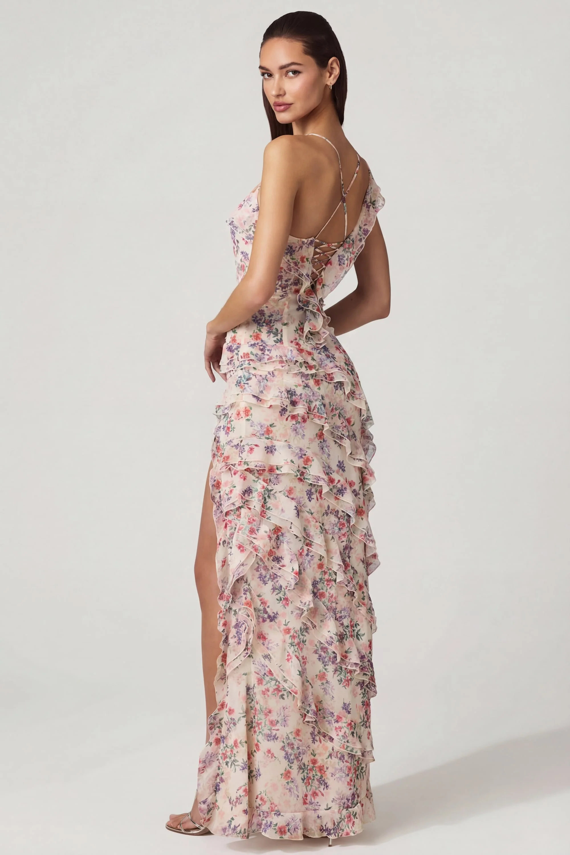 Asymmetric Ruffled Lace-Up Gown in Primrose Floral Print - Image 2
