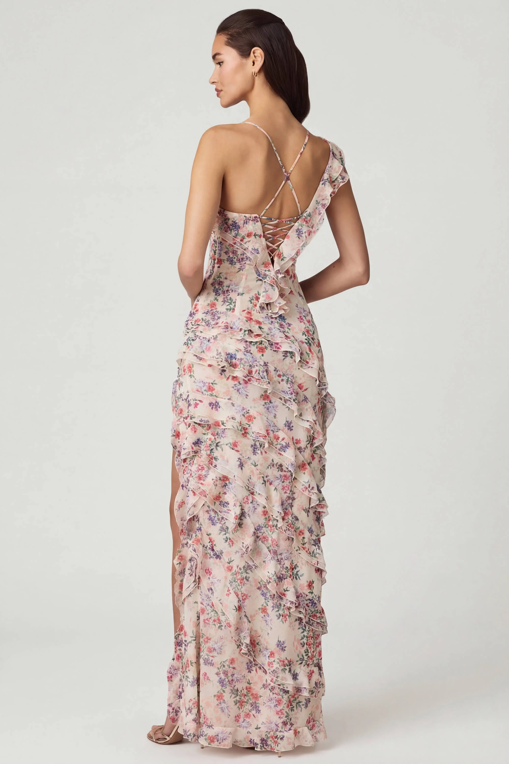 Asymmetric Ruffled Lace-Up Gown in Primrose Floral Print - Image 3