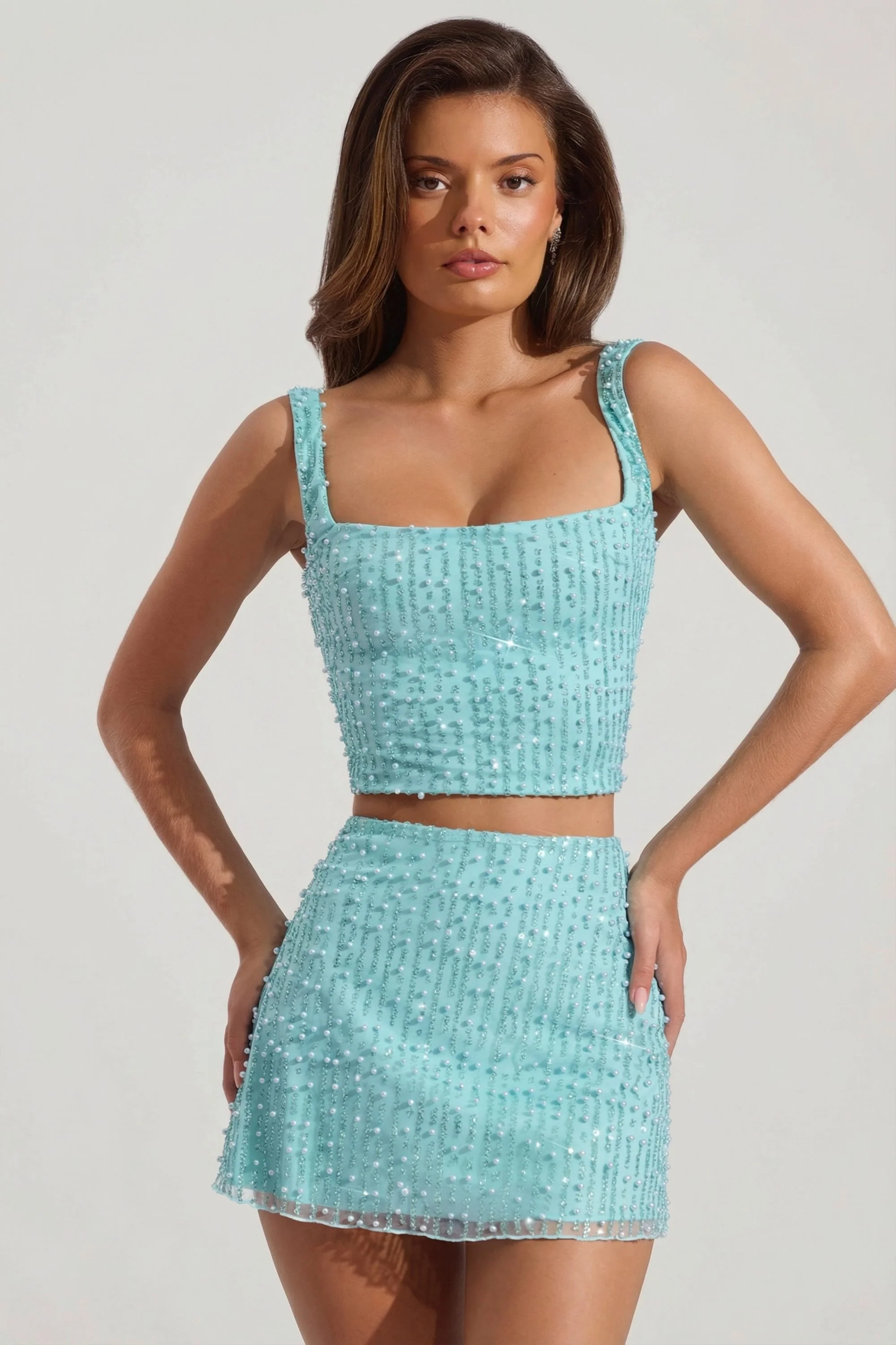 Embellished Low-Rise Mini Skirt in Aqua Blue - Image 4