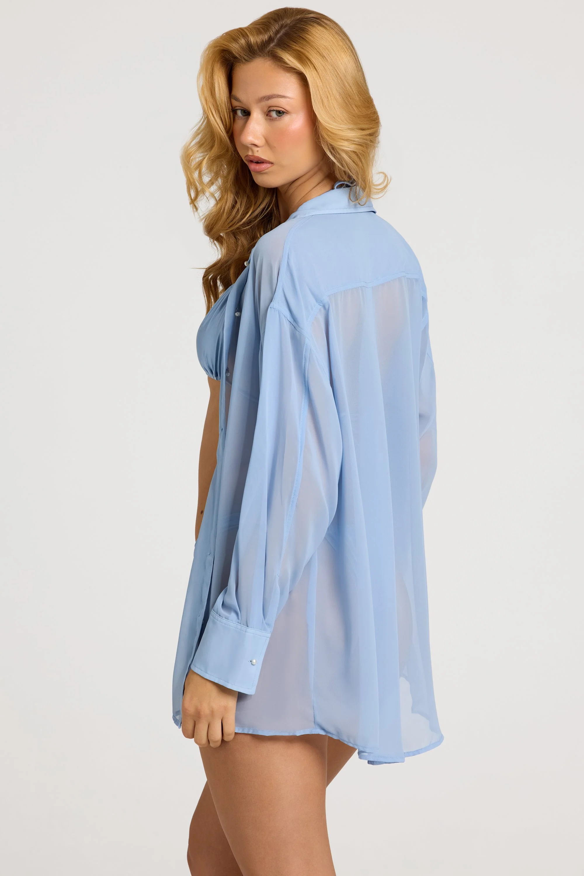 Pearl-Detail Oversized Shirt in Sky Blue - Image 2
