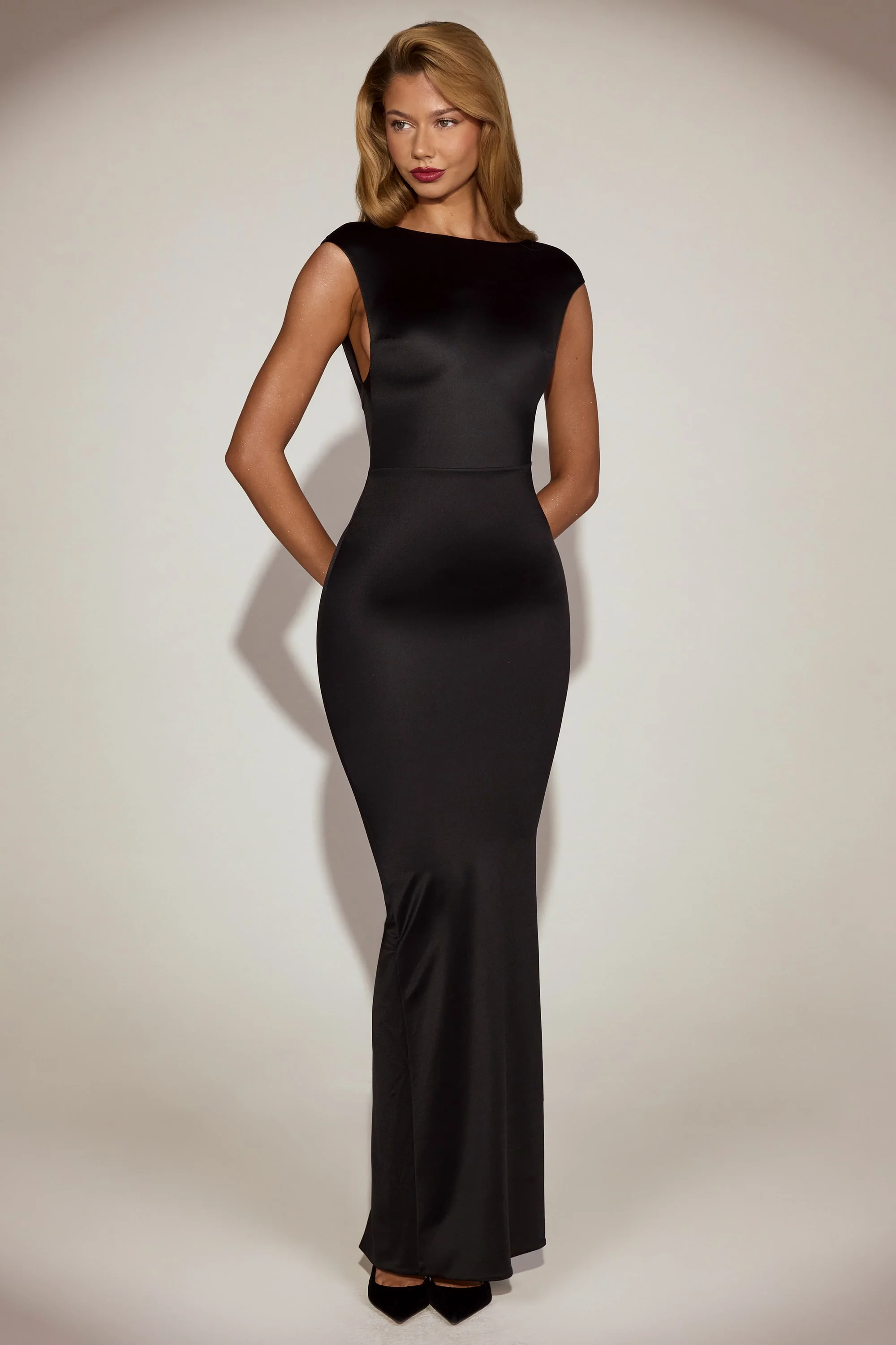 Satin Boat-Neck Twist-Back Maxi Dress in Black - Image 6