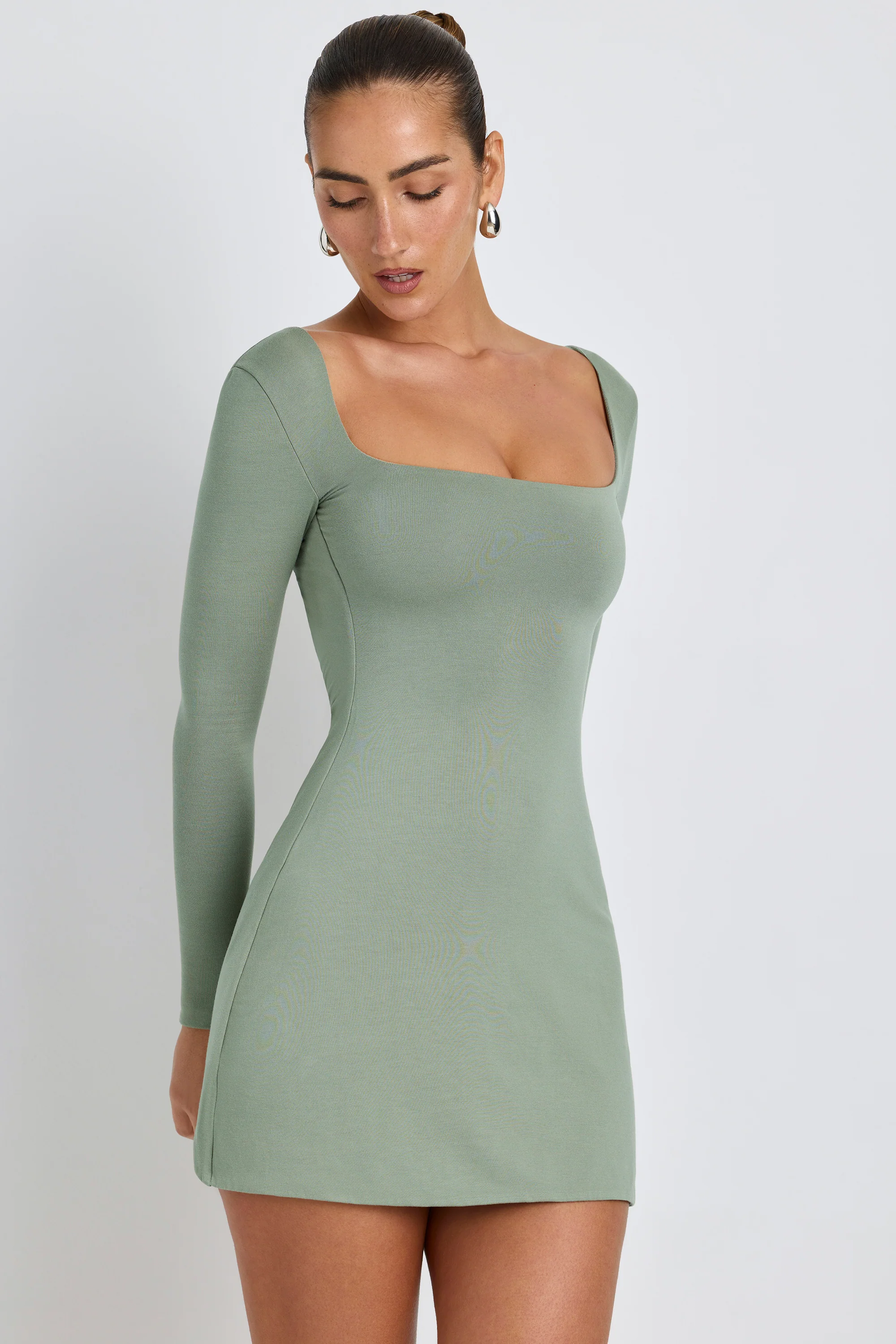 Modal Square Neck Long Sleeve Mini Dress in Sage Green - Image 5