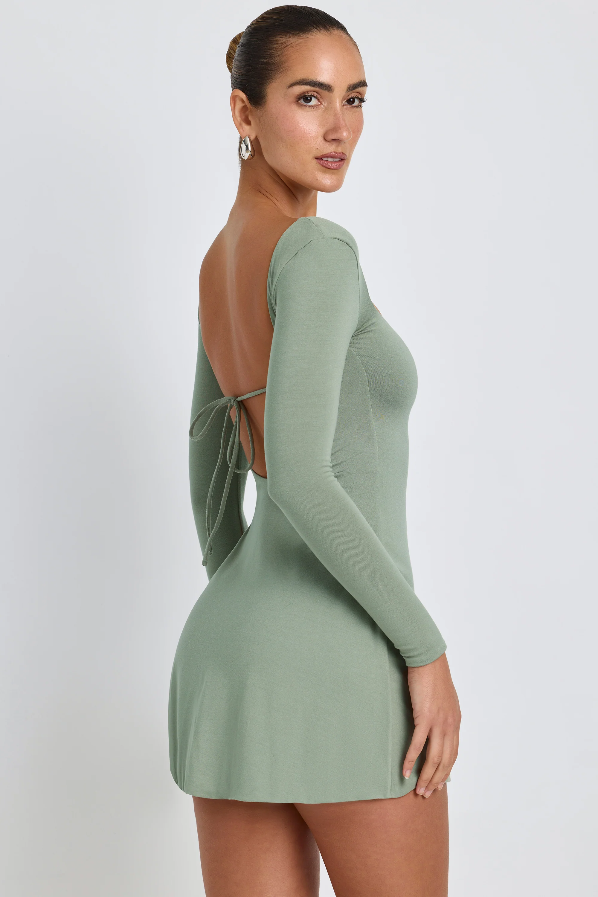Modal Square Neck Long Sleeve Mini Dress in Sage Green - Image 7