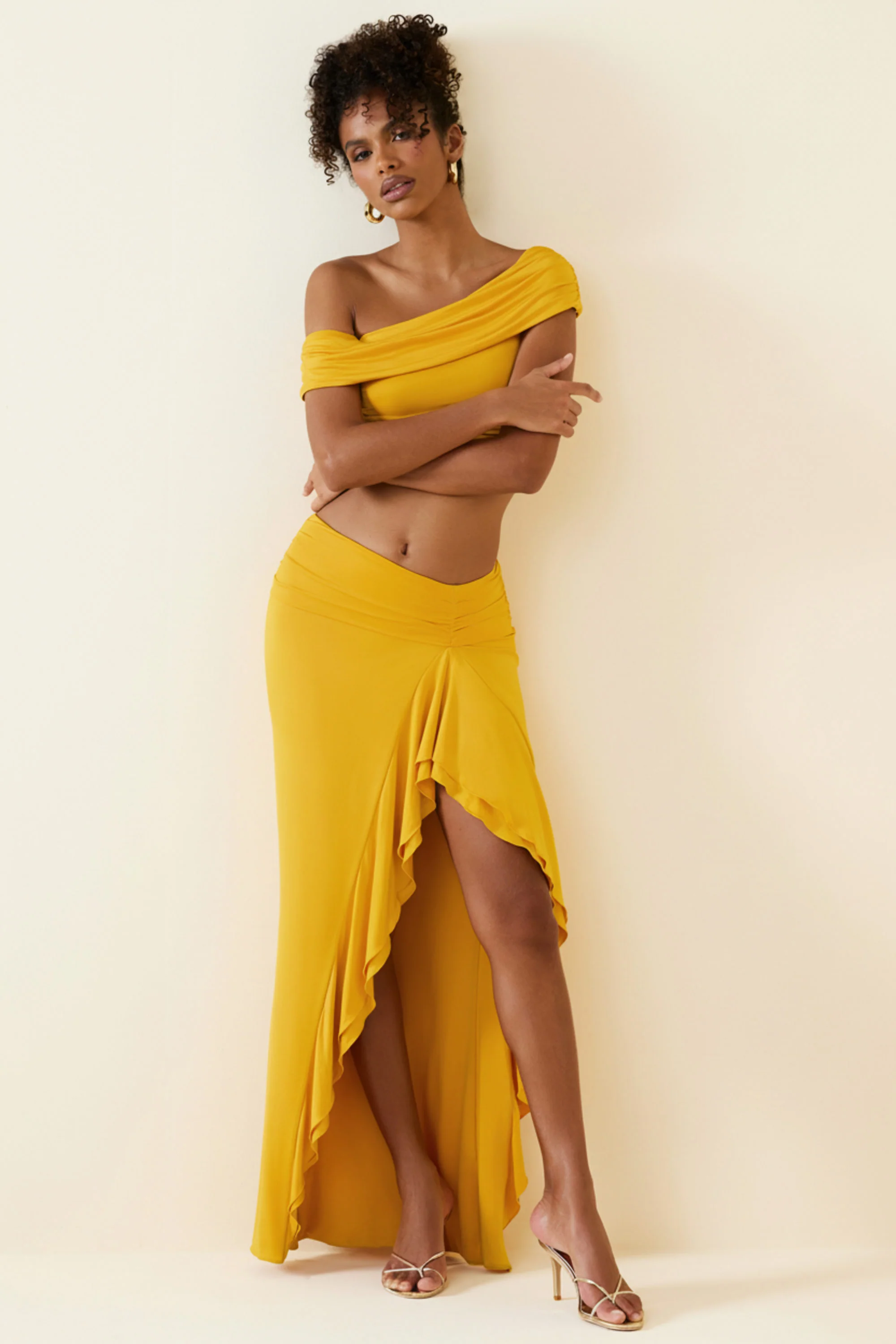 Asymmetric Ruffled Low-Rise Maxi Skirt in Golden Yellow - Image 7