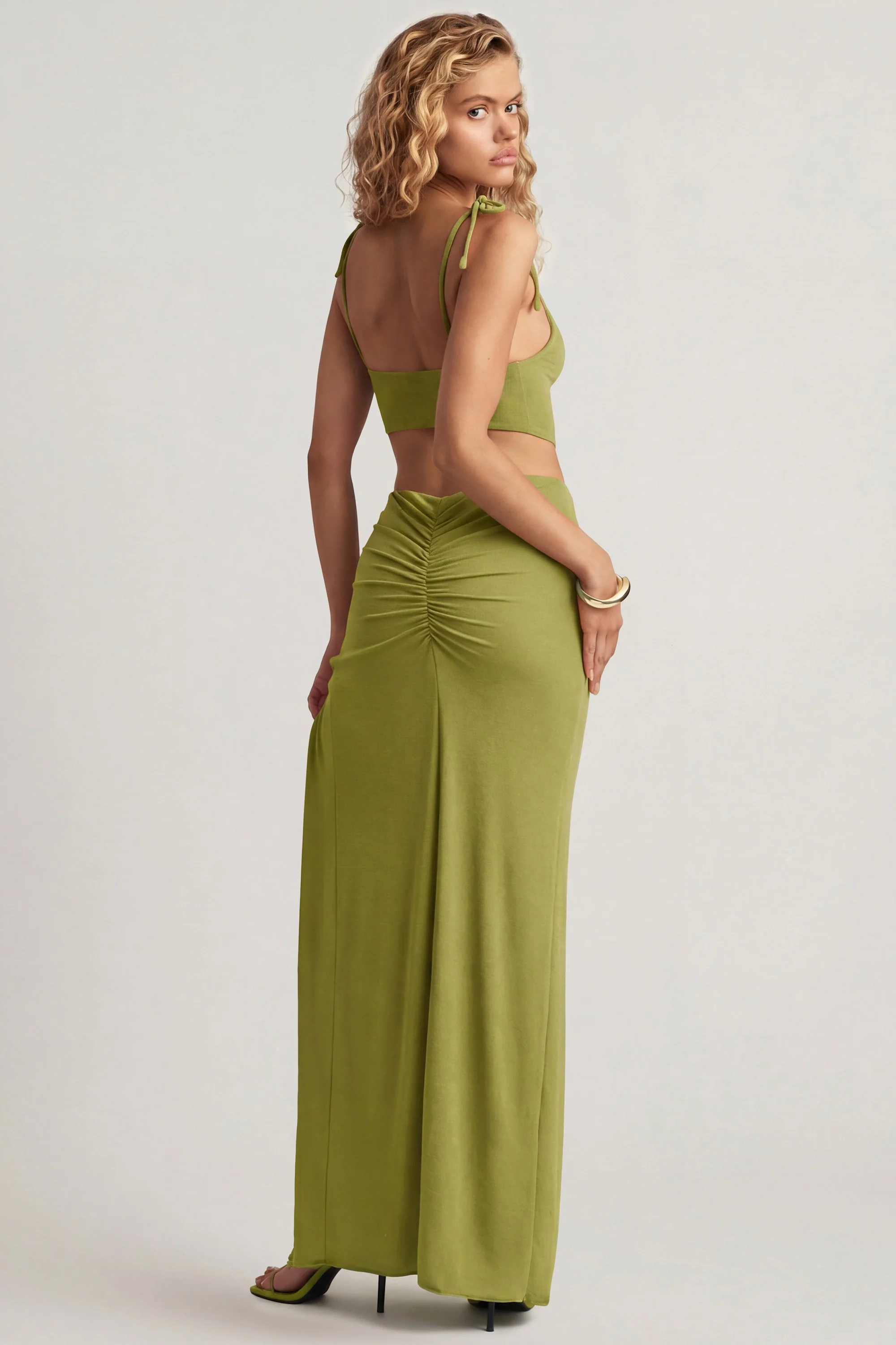 Textured Jersey Asymmetric Maxi Dress in Olive Green - Image 2