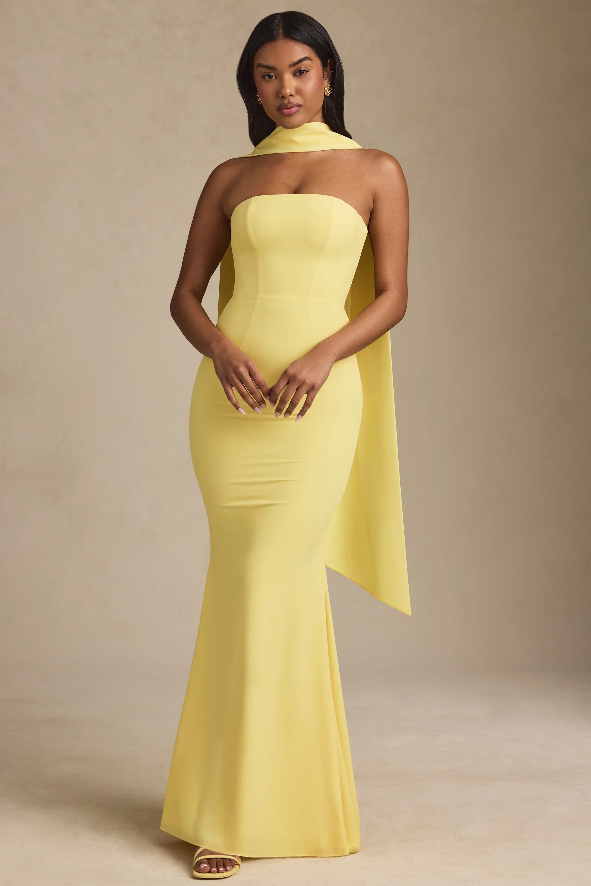 Scarf-Detail Strapless Gown in Pastel Yellow - Image 5