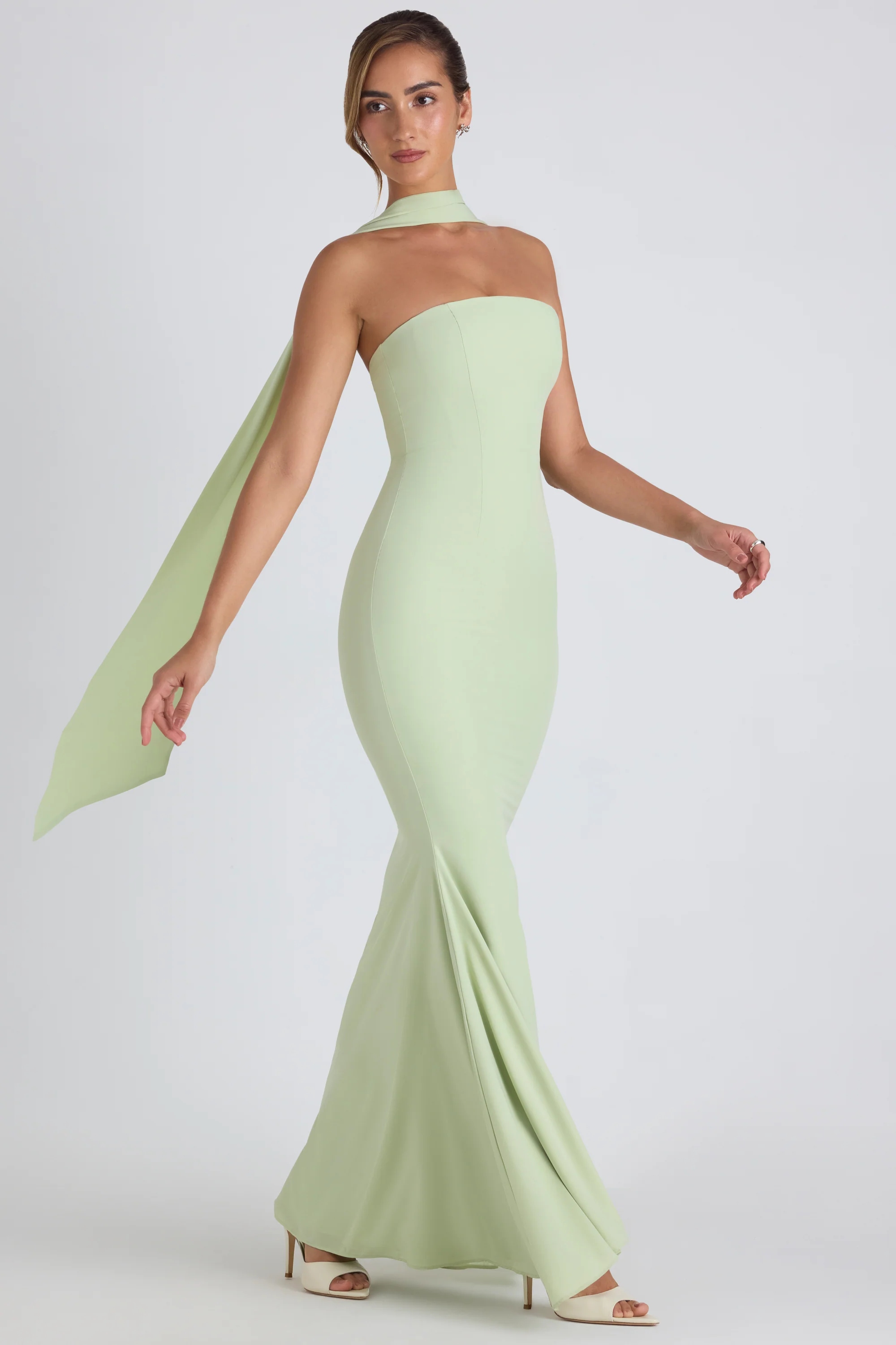Scarf-Detail Strapless Gown in Spring Green - Image 5