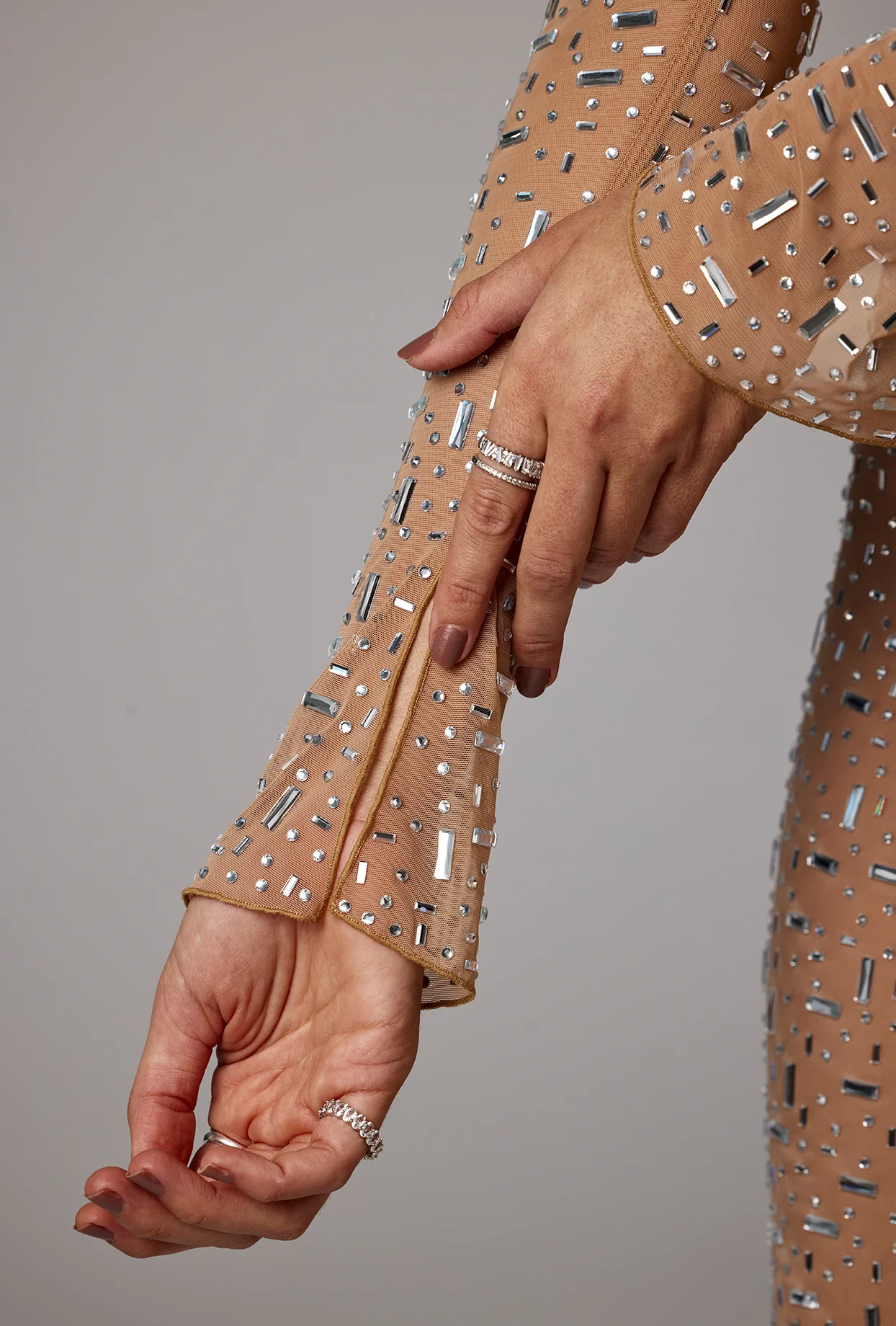 Sheer Embellished Long Sleeve Evening Gown in Almond - Image 7