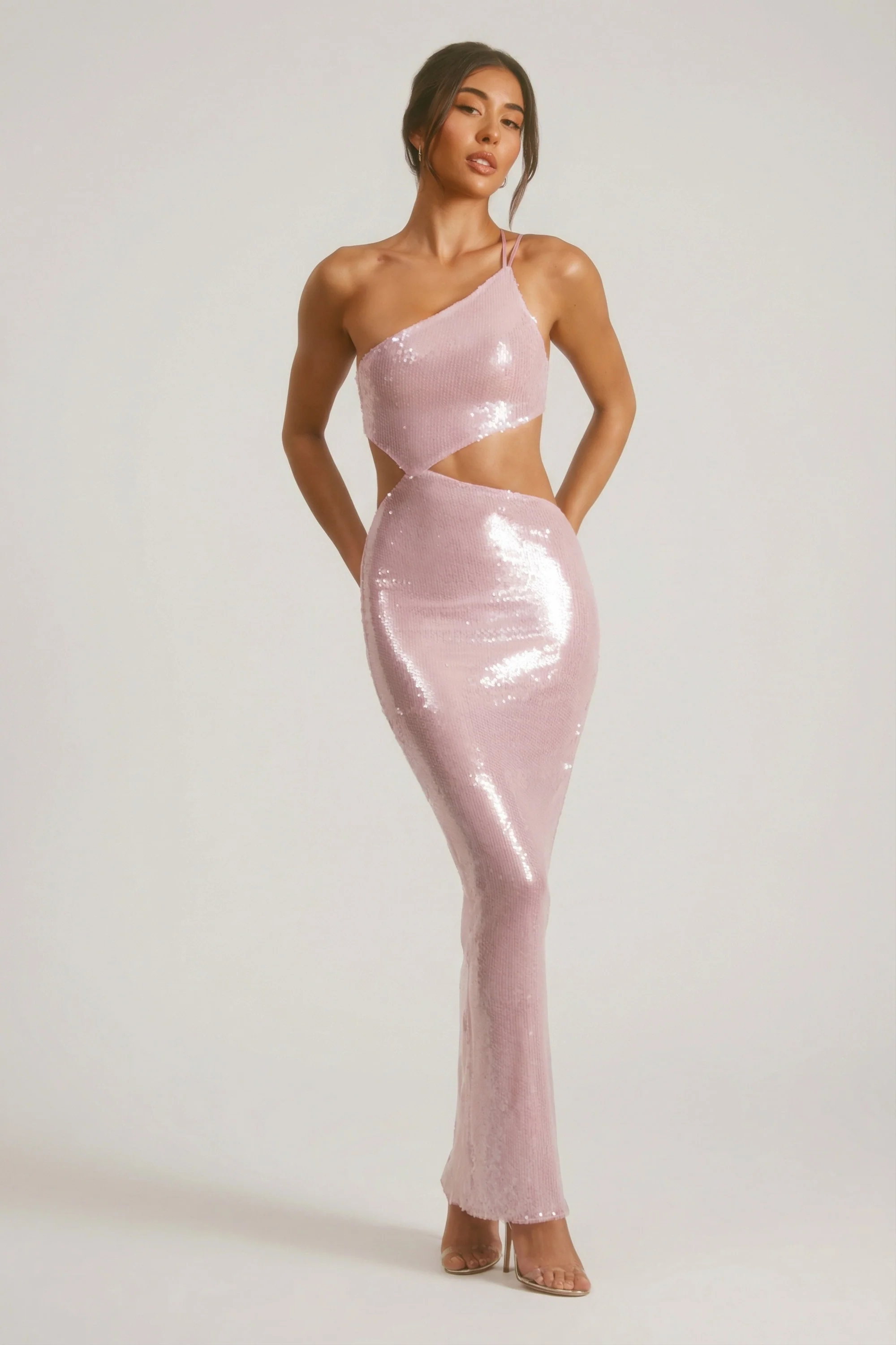 Sheer Sequin One Shoulder Cut Out Maxi Dress in Lilac - Image 2