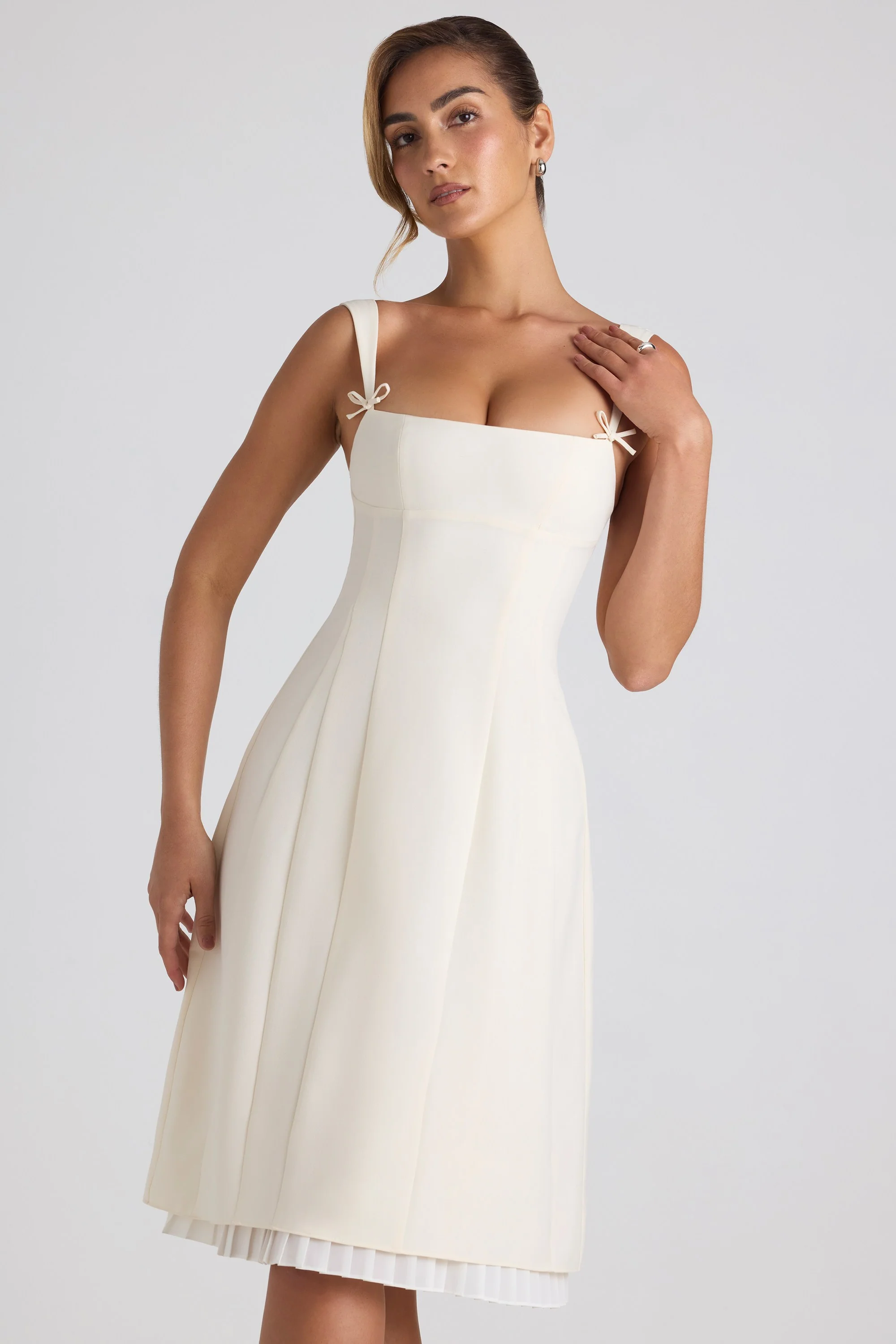Bow-Detail Pleated A-Line Midi Dress in Ivory - Image 2