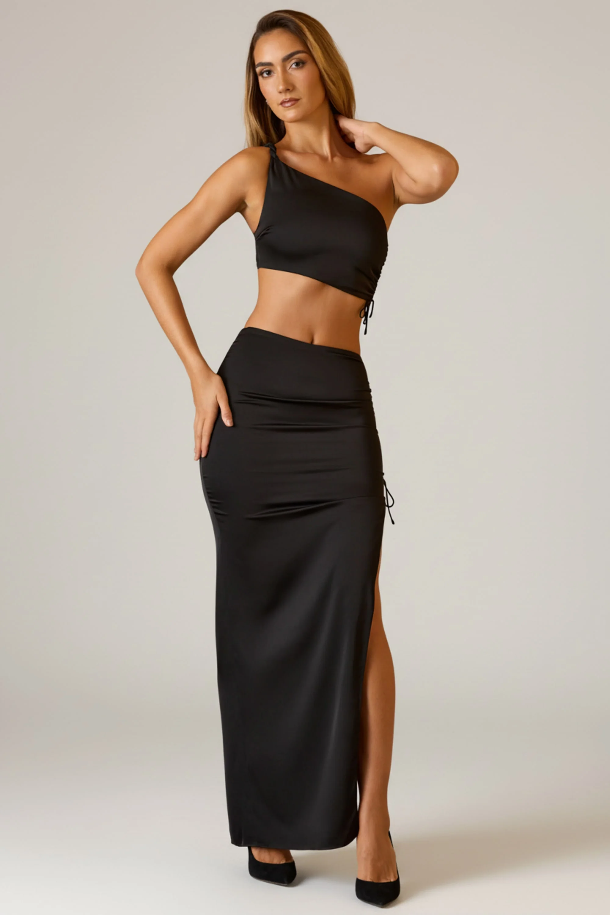 Ruched Asymmetric-Waist Maxi Skirt in Black - Image 6