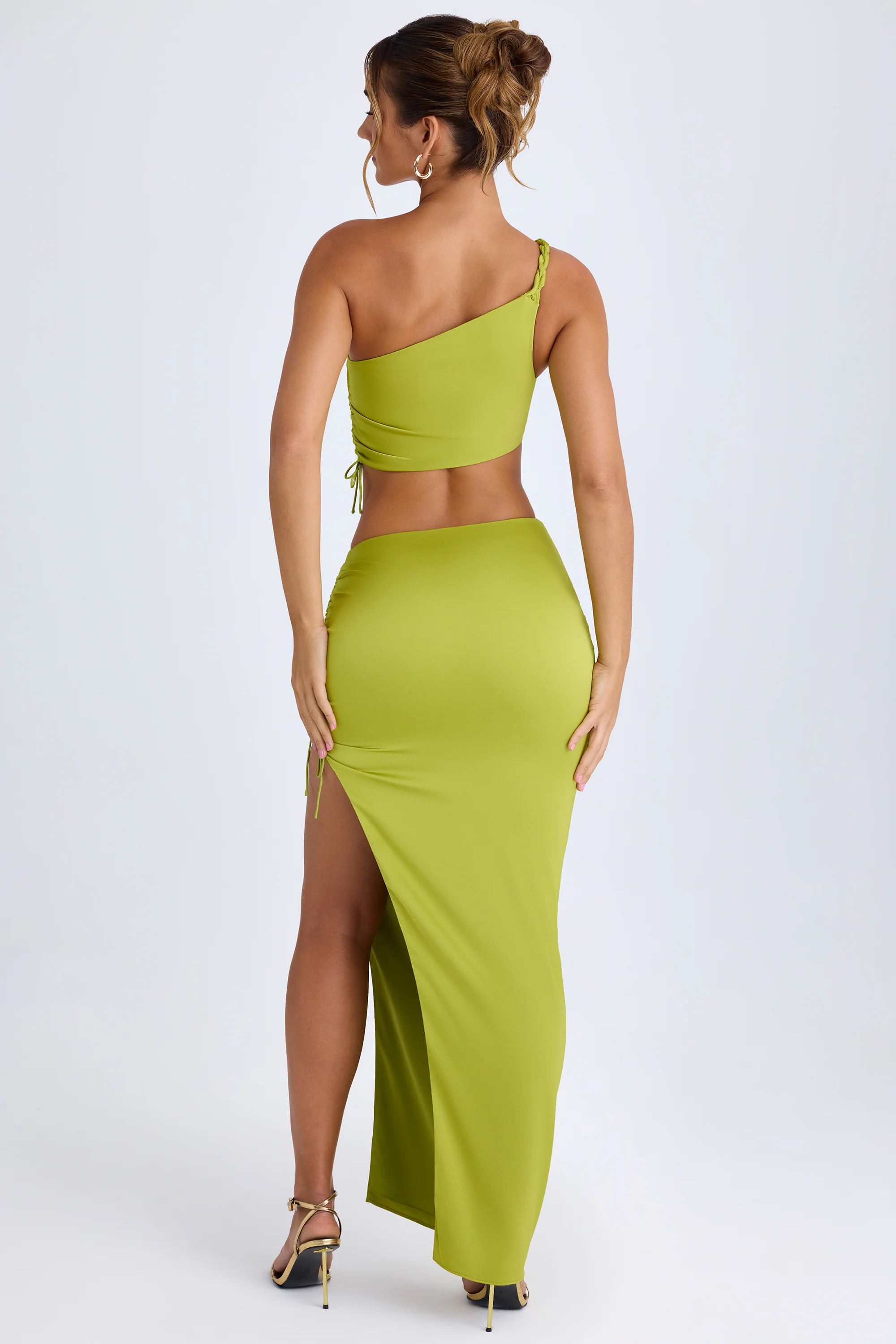 Ruched Asymmetric-Waist Maxi Skirt in Pear Green - Image 2