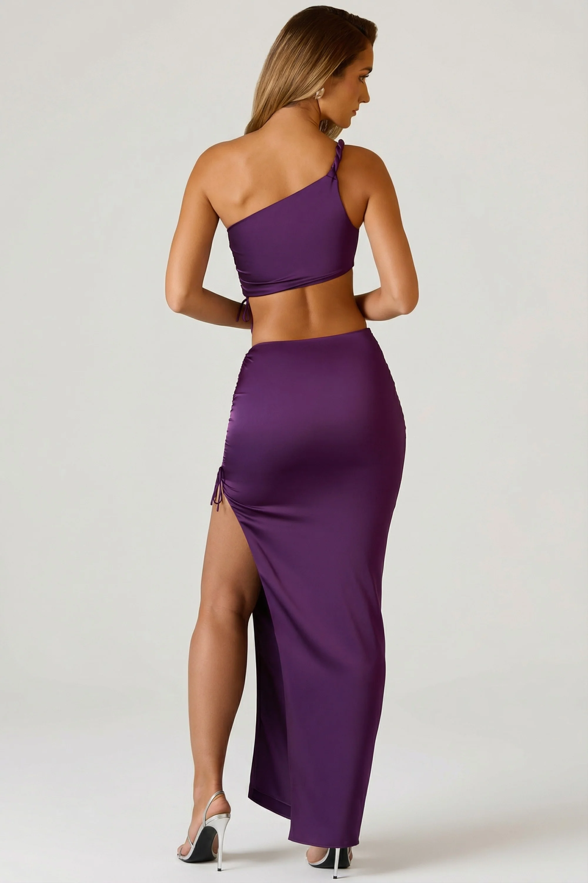 Ruched Asymmetric-Waist Maxi Skirt in Plum - Image 2