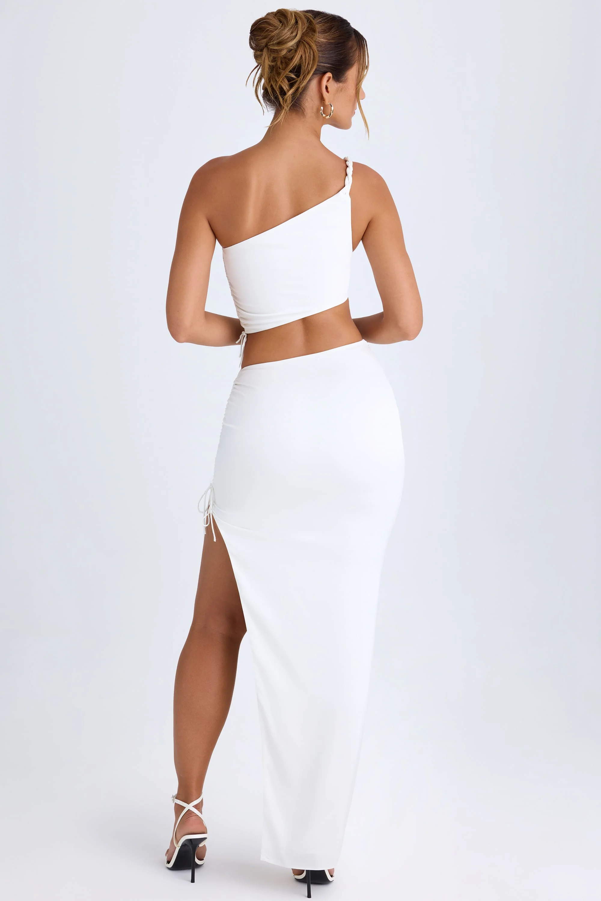 Ruched Asymmetric-Waist Maxi Skirt in White - Image 2