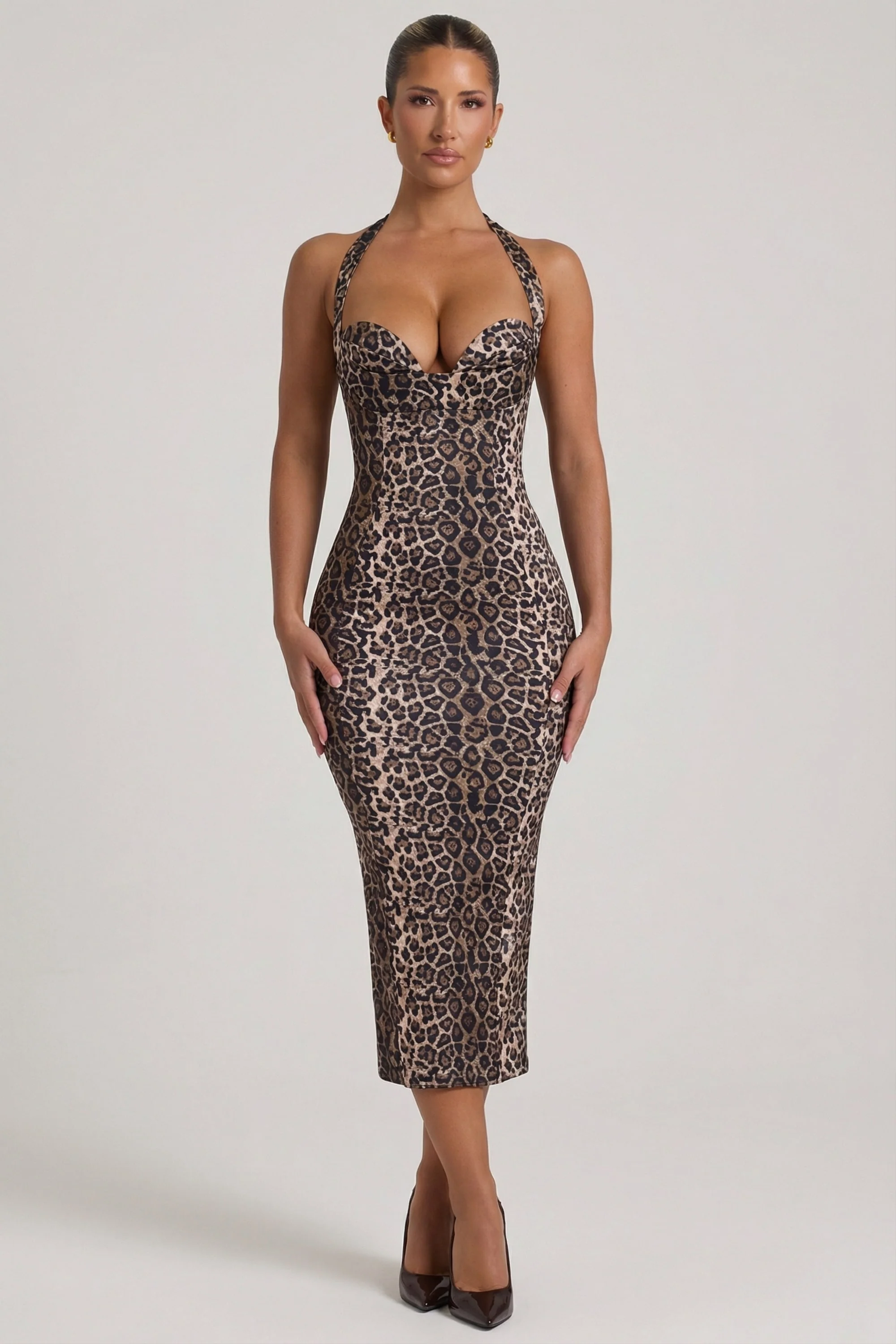 Layered Halterneck Bodycon Midi Dress in Leopard Print - Image 6