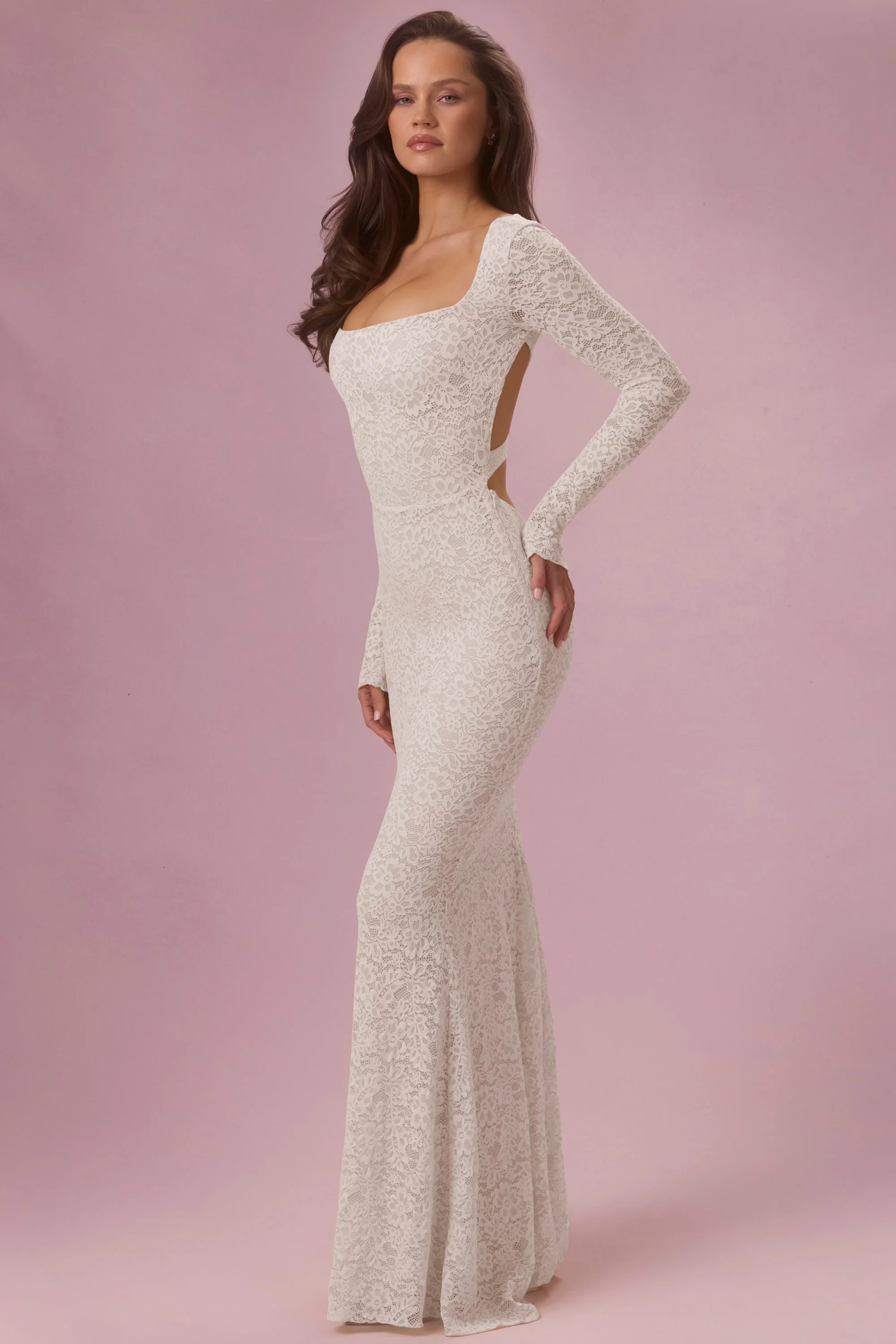 Lace Long-Sleeve Maxi Dress in Pearl - Image 3