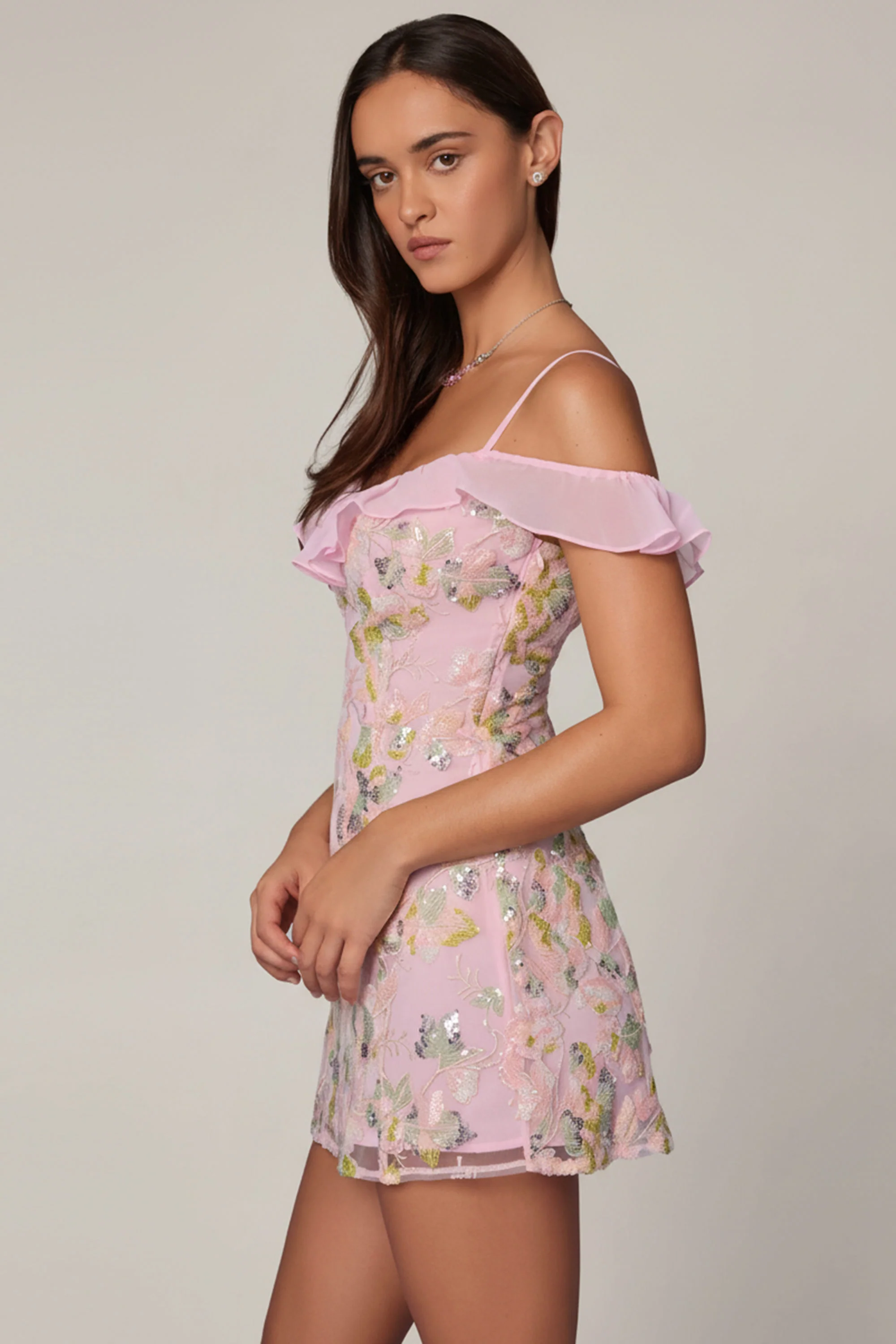 Embellished Lace-Up A-Line Mini Dress in Soft Pink - Image 3