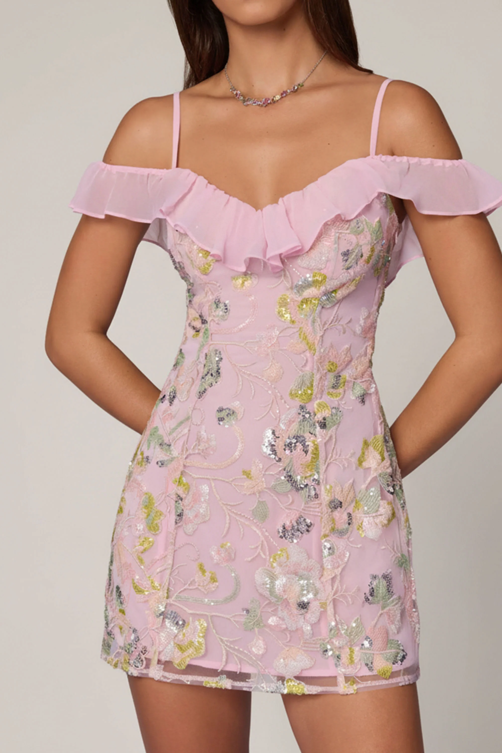 Embellished Lace-Up A-Line Mini Dress in Soft Pink - Image 4
