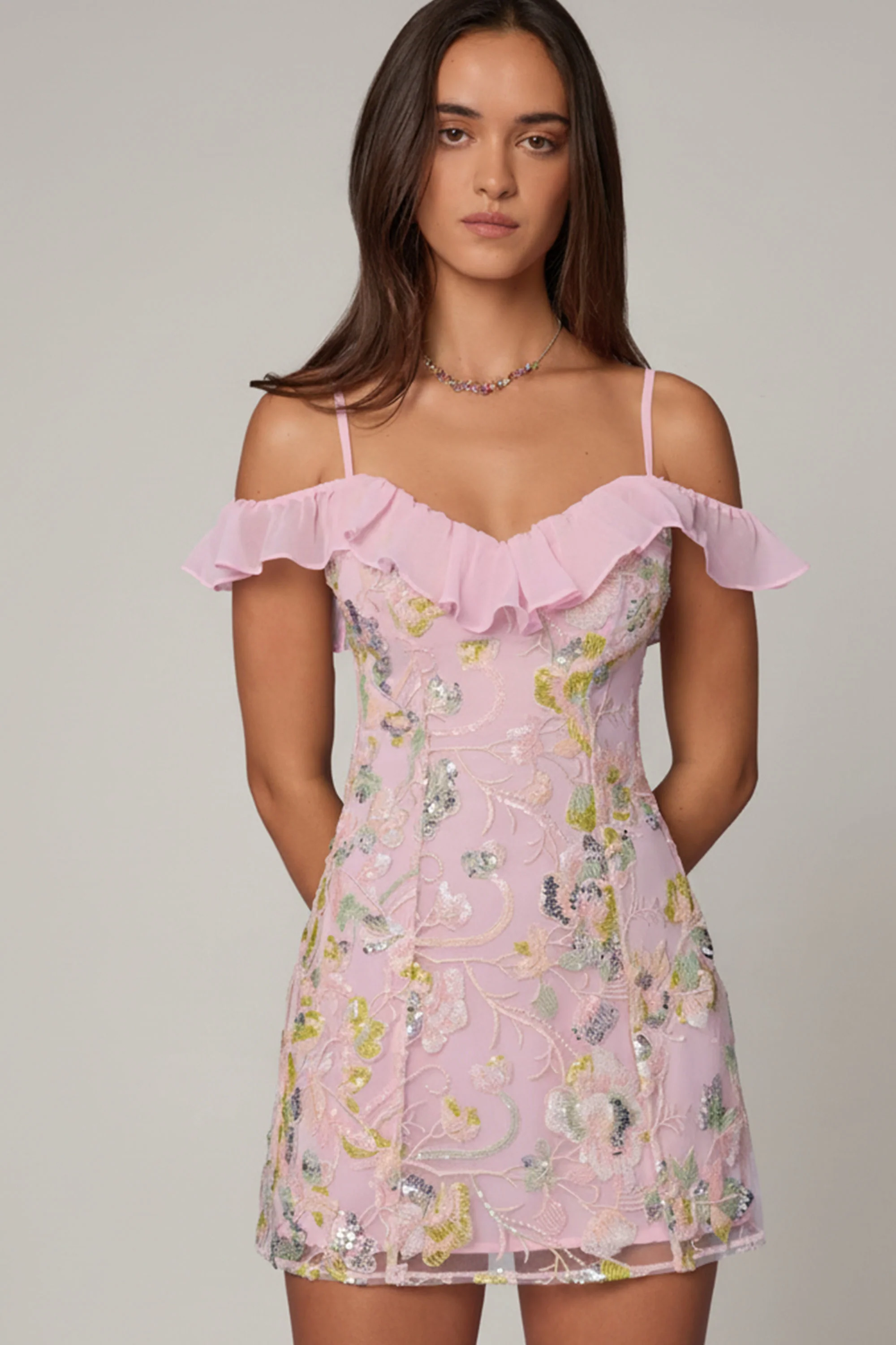 Embellished Lace-Up A-Line Mini Dress in Soft Pink - Image 7