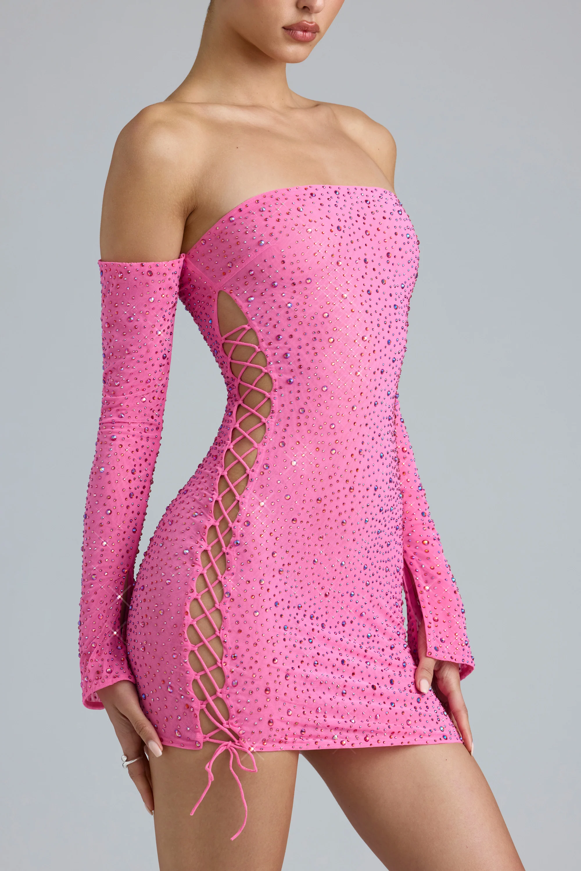 Embellished Lace-Up Off-Shoulder Mini Dress in Bubblegum Pink - Image 5