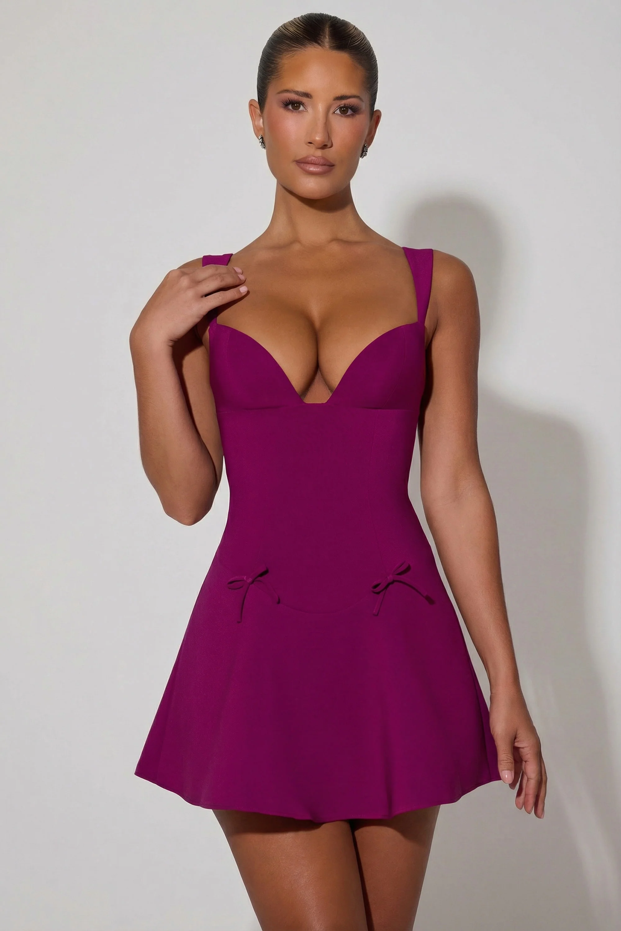 Bow-Detail A-Line Mini Dress in Plum - Image 7