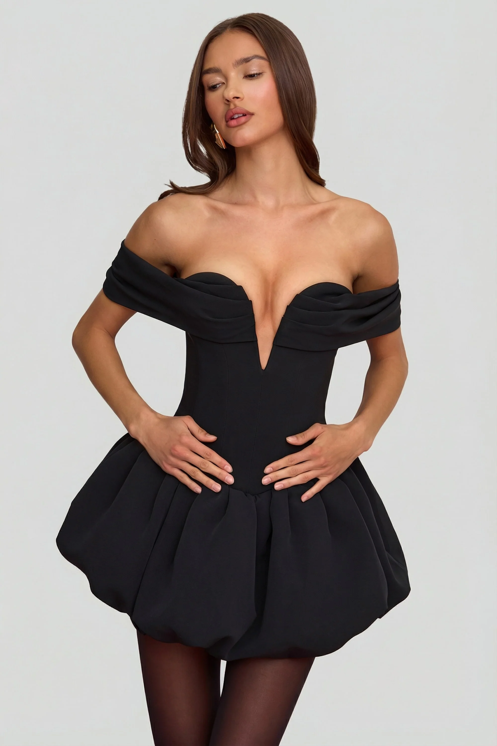 Off-Shoulder Layered Bubble Hem Corset Mini Dress in Black - Image 5