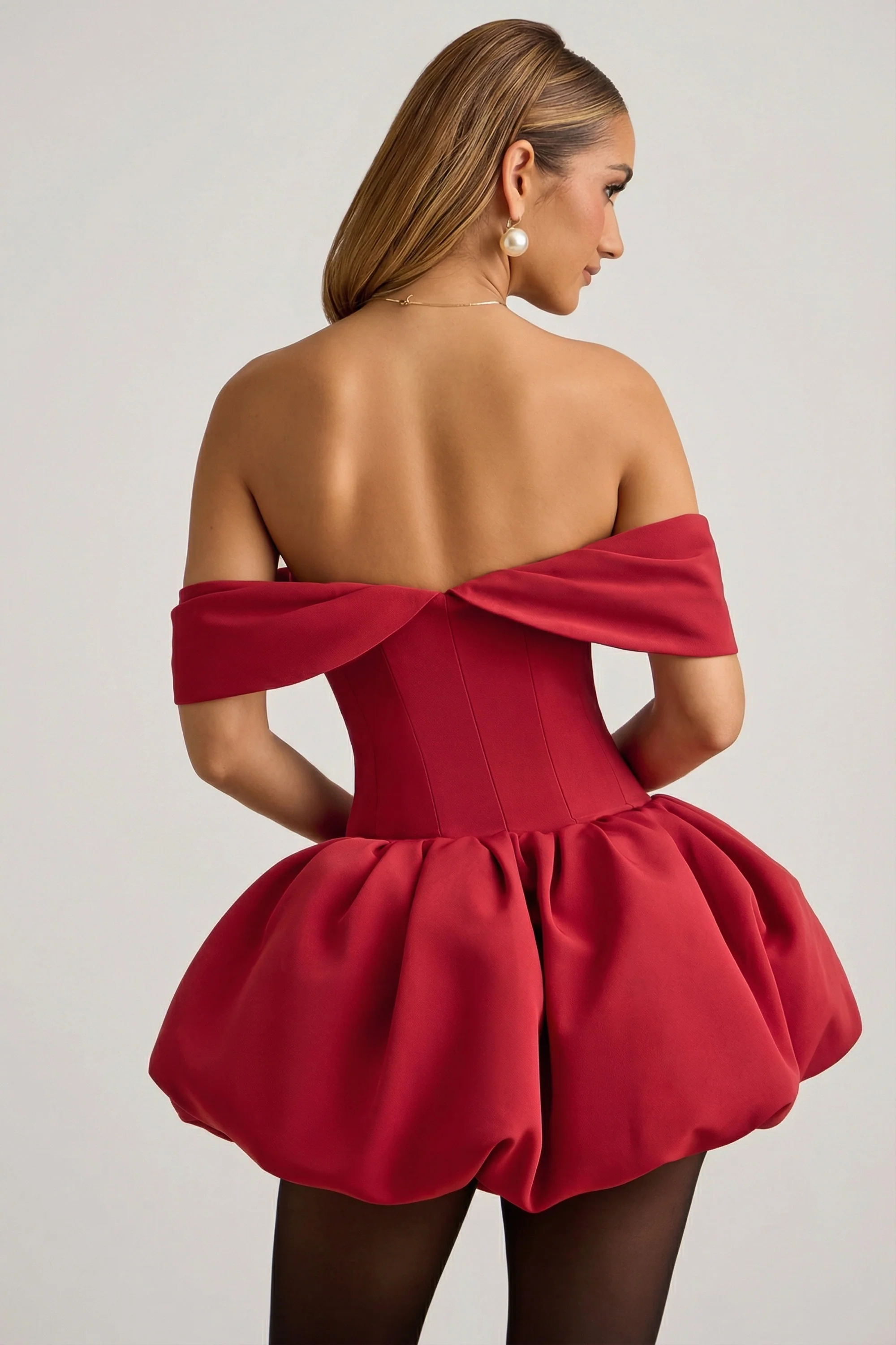 Off-Shoulder Layered Bubble Hem Corset Mini Dress in True Red - Image 2