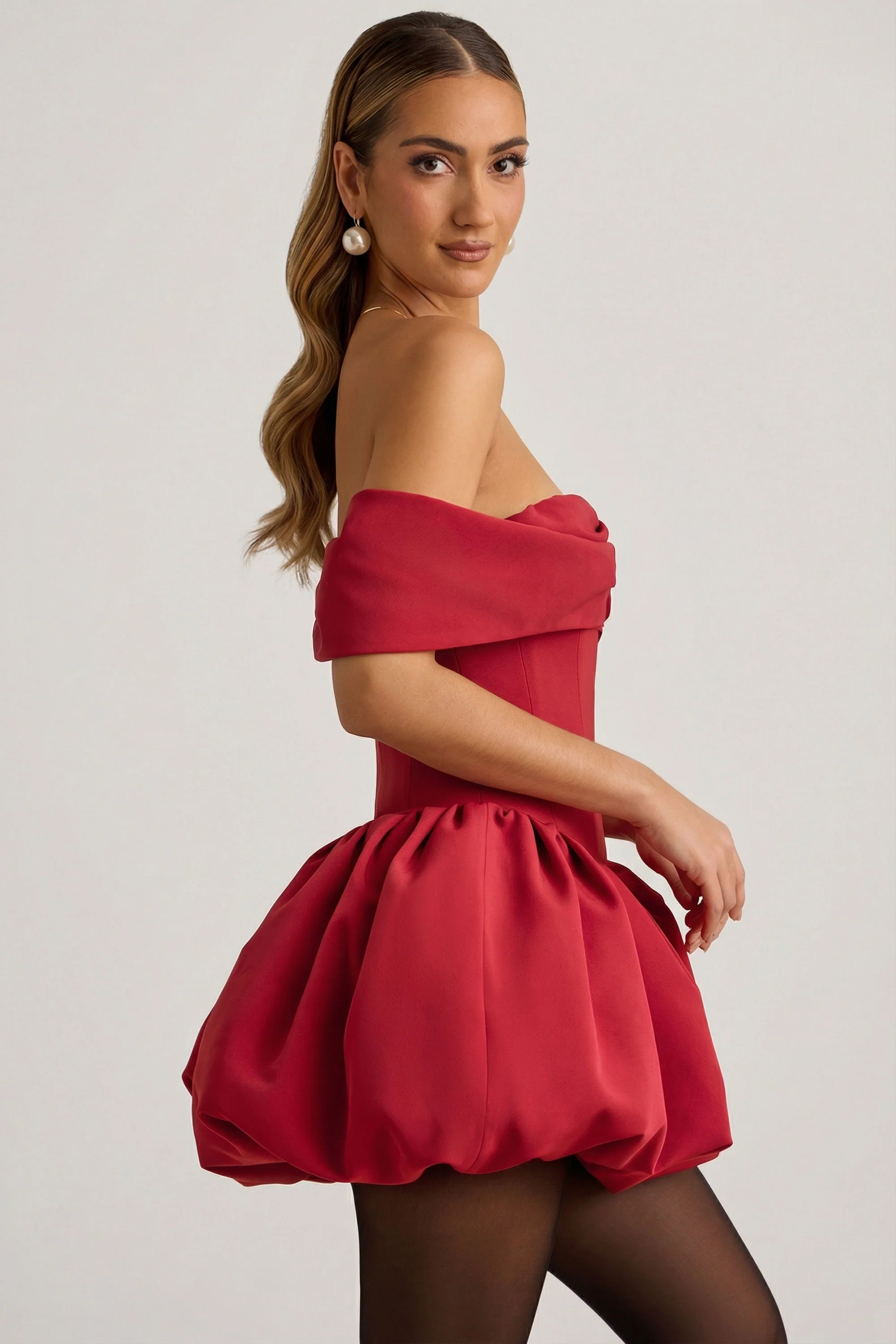 Off-Shoulder Layered Bubble Hem Corset Mini Dress in True Red - Image 3