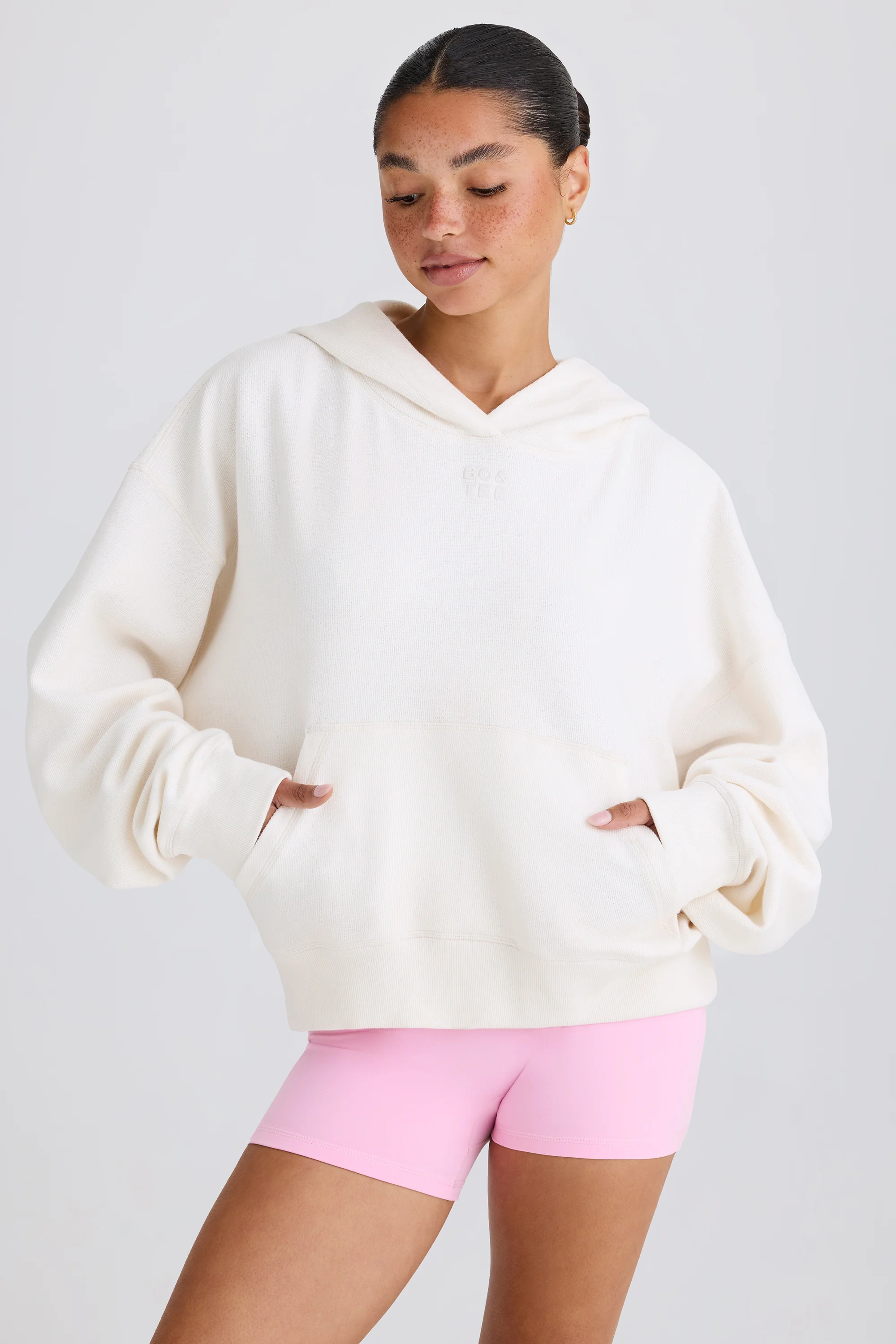 Textured Cotton Jersey Graphic Print Hoodie in White - Image 7