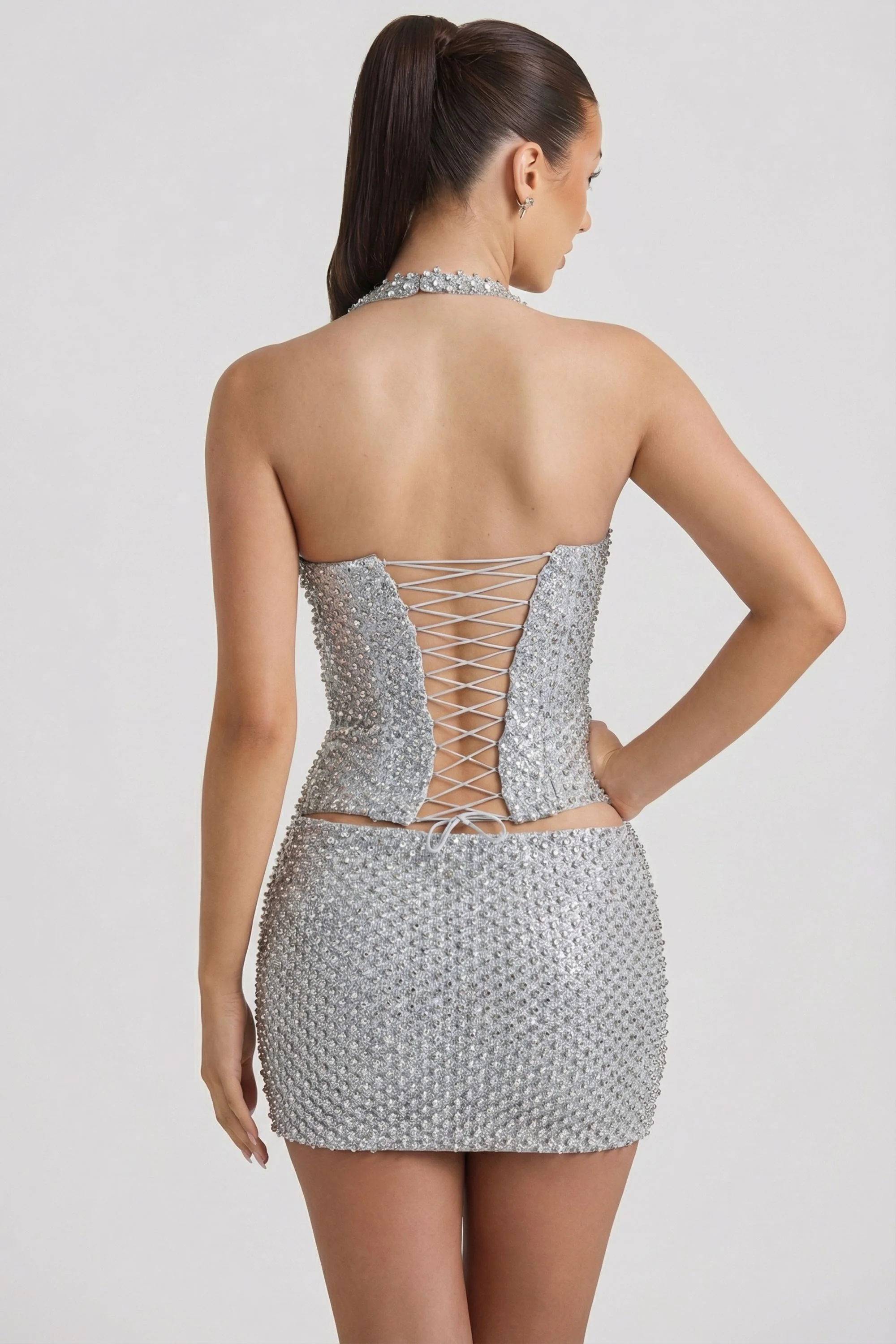 Embellished Low-Rise Mini Skirt in Silver - Image 2