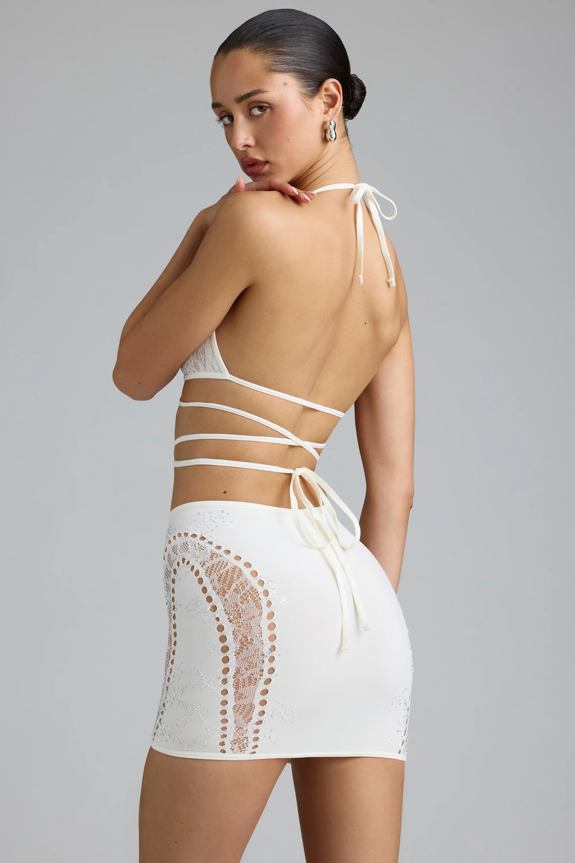 Embellished Mid-Rise Mini Skirt in Ivory - Image 4